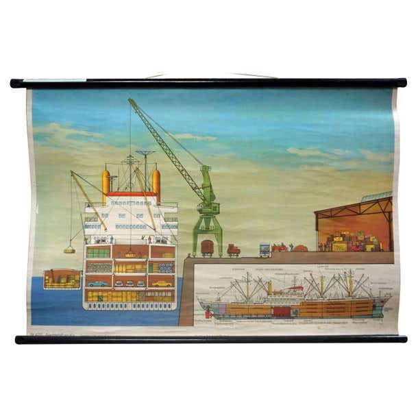 Vintage Mural Poster Rollable Wallchart Cargo Ship on Quay Maritime ...