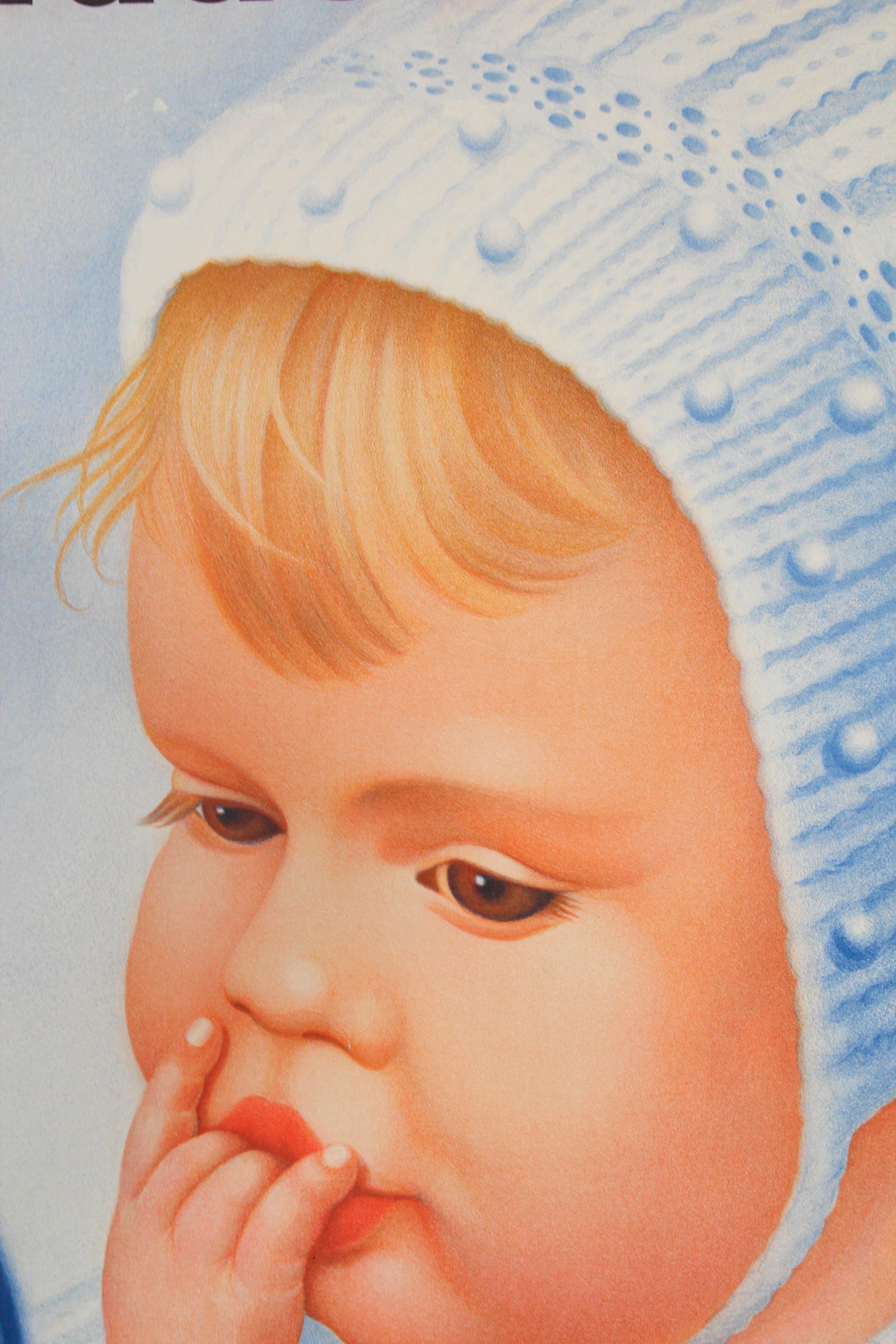 Affiche vintage suisse Schaffhauser en laine Wolle tricotée en fil de laine bleu bébé 1934  en vente 2