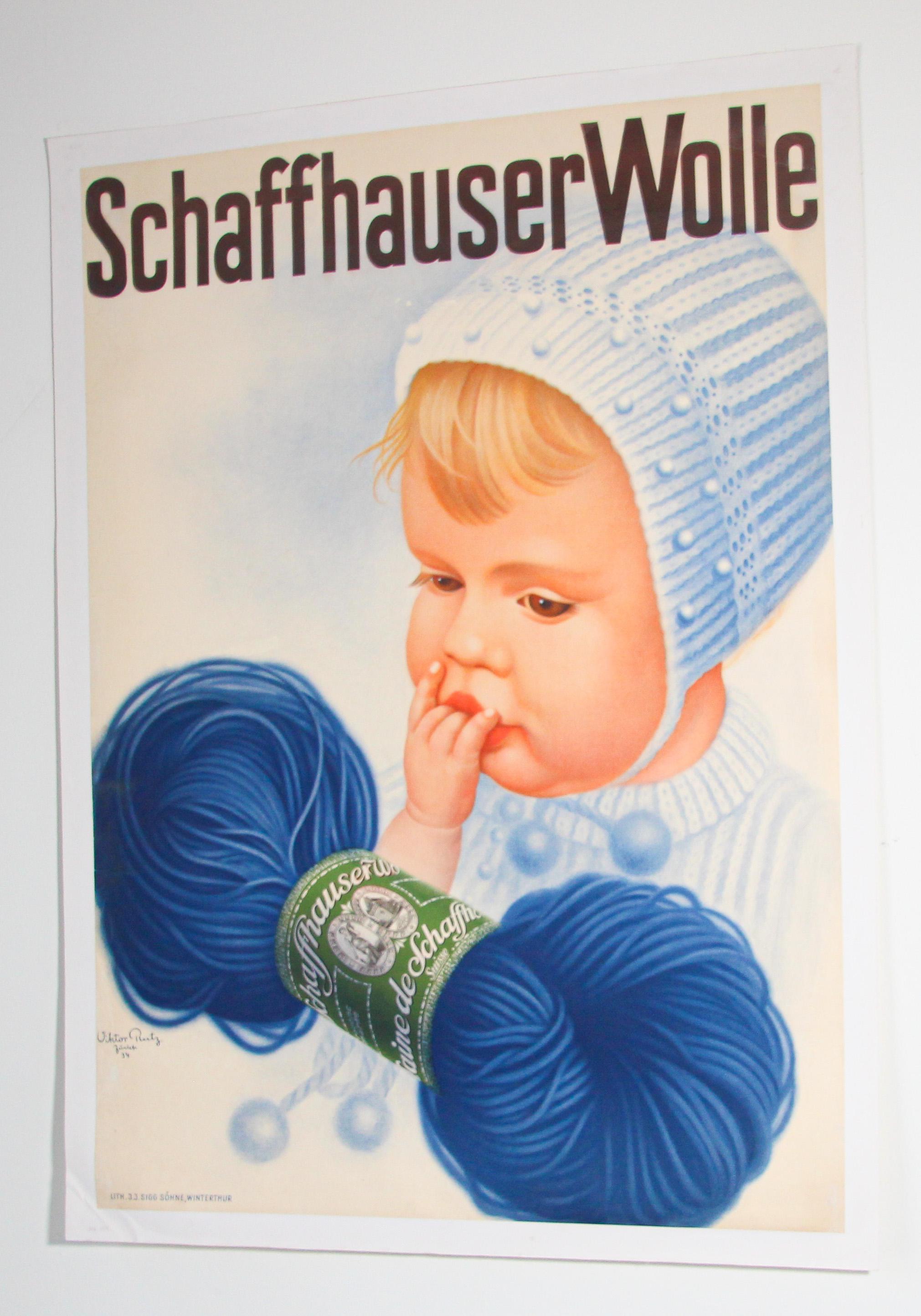 Poster d'epoca svizzero Schaffhauser Wolle Filato di lana per maglieria 1934 Baby Blue in vendita 6