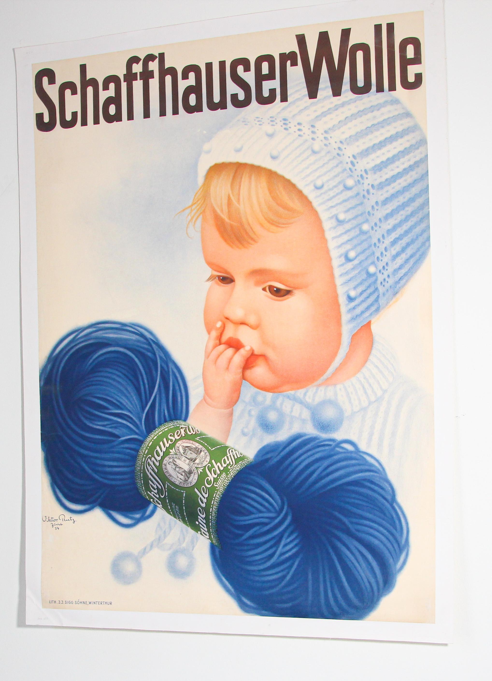 Swiss Schaffhauser Wolle Wool Yarn Knitting 1934 Baby Blue Vintage Poster  For Sale 7