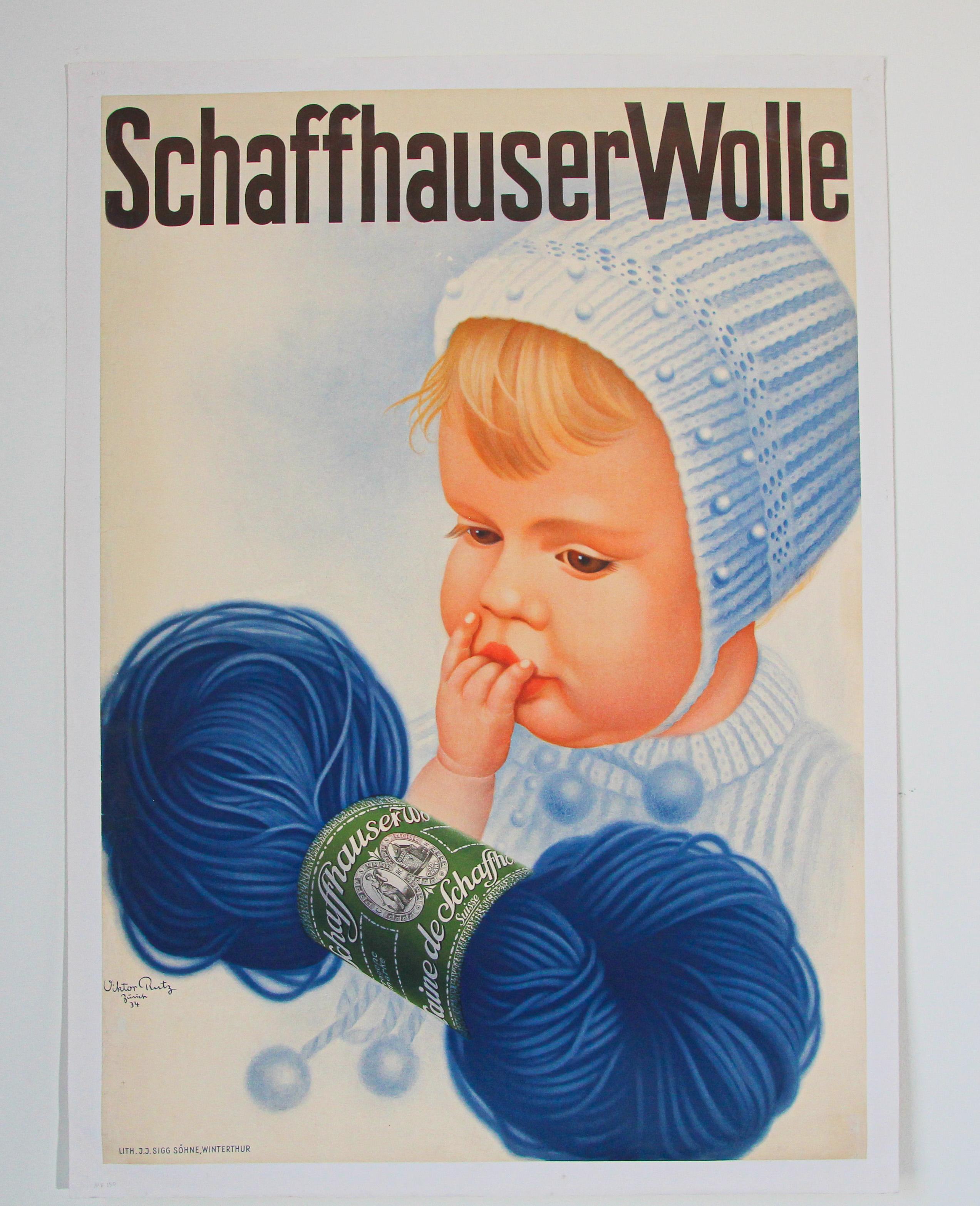 Swiss Schaffhauser Wolle Wool Yarn Knitting 1934 Baby Blue Vintage Poster  For Sale 8