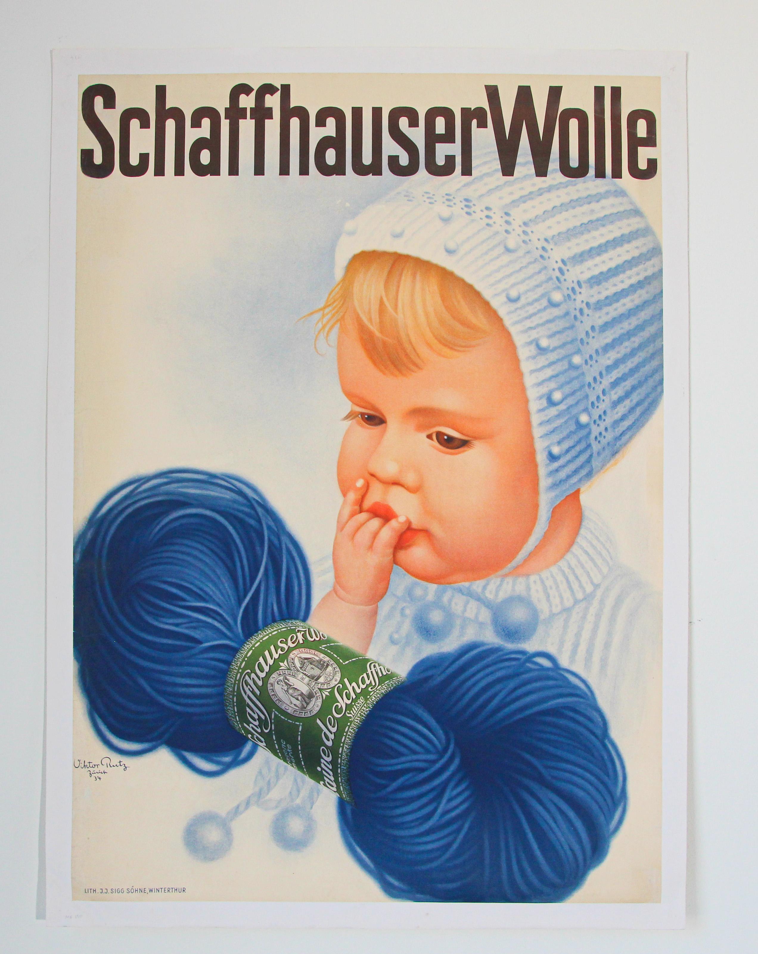 Original Vintage Poster Schweizer Schaffhauser Wolle Wolle Garn Stricken 1935 Baby.
Dies ist ein originaler 1. Druck dieses Plakats von Viktor Rutz Zürich.
Es wurde 1935 gedruckt und diente der Werbung für Schaffhauser Wolle.
Werbeplakat für