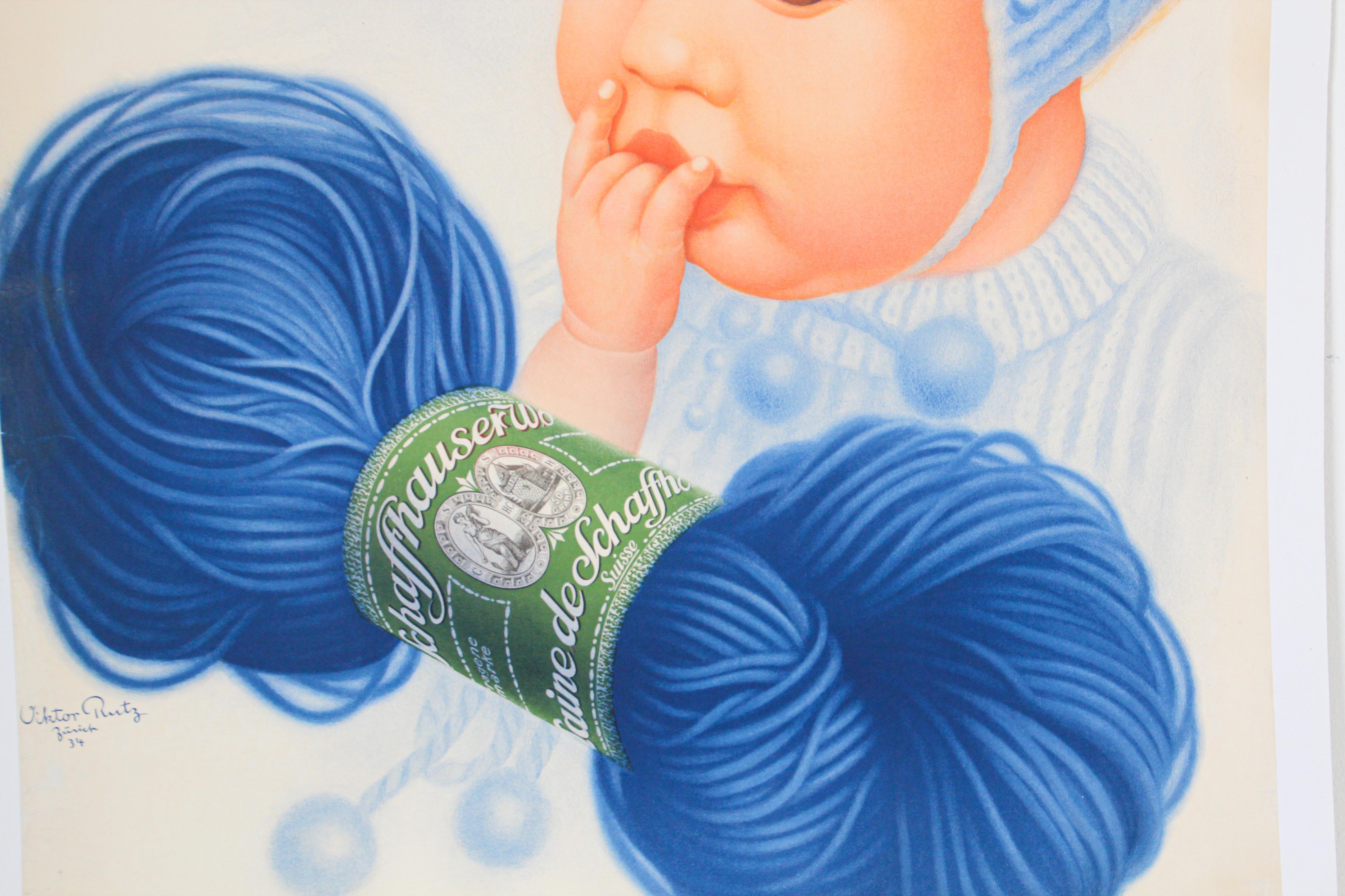 Art déco Affiche vintage suisse Schaffhauser en laine Wolle tricotée en fil de laine bleu bébé 1934  en vente
