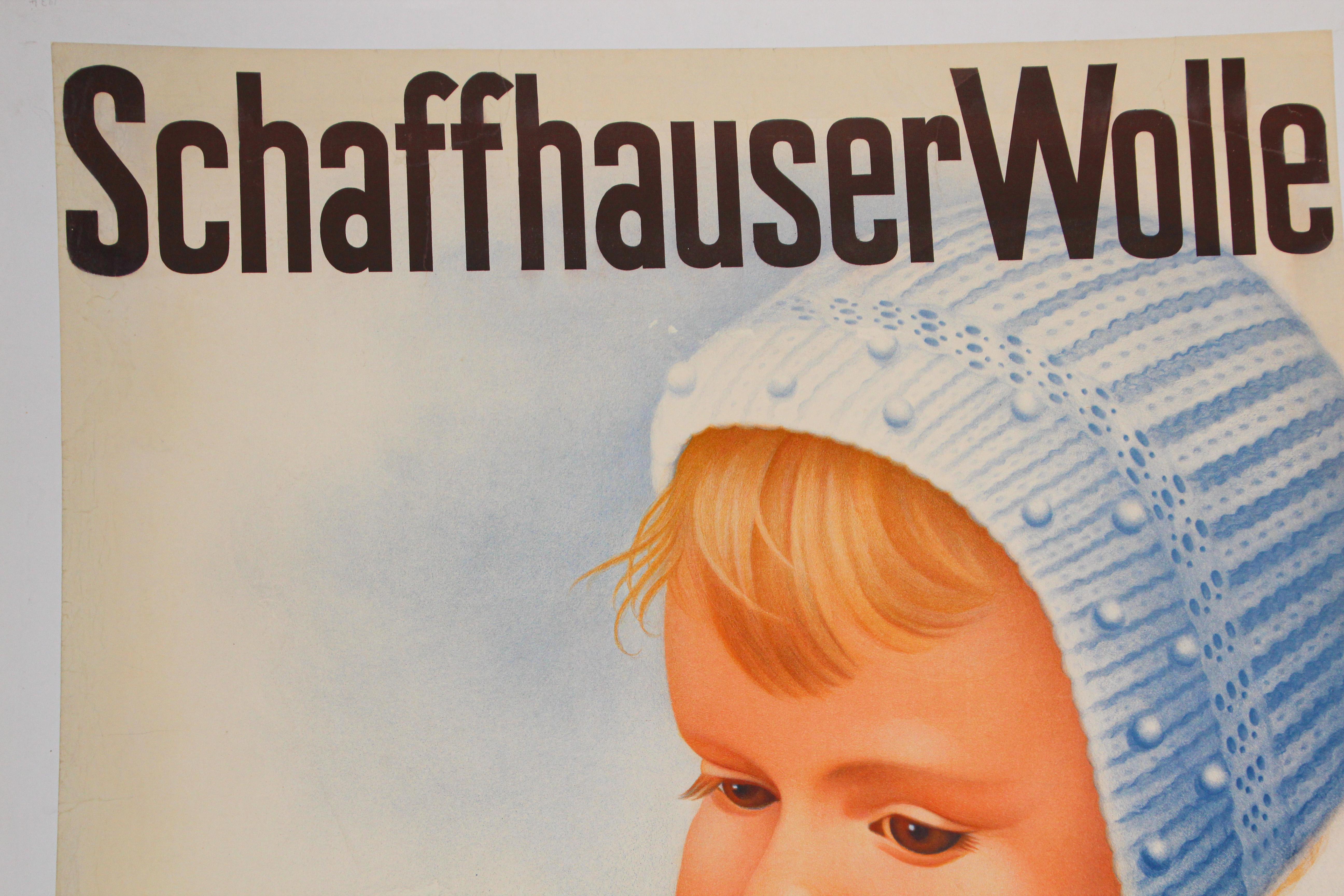 Swiss Schaffhauser Wolle Wool Yarn Knitting 1934 Baby Blue Vintage Poster  In Good Condition For Sale In North Hollywood, CA