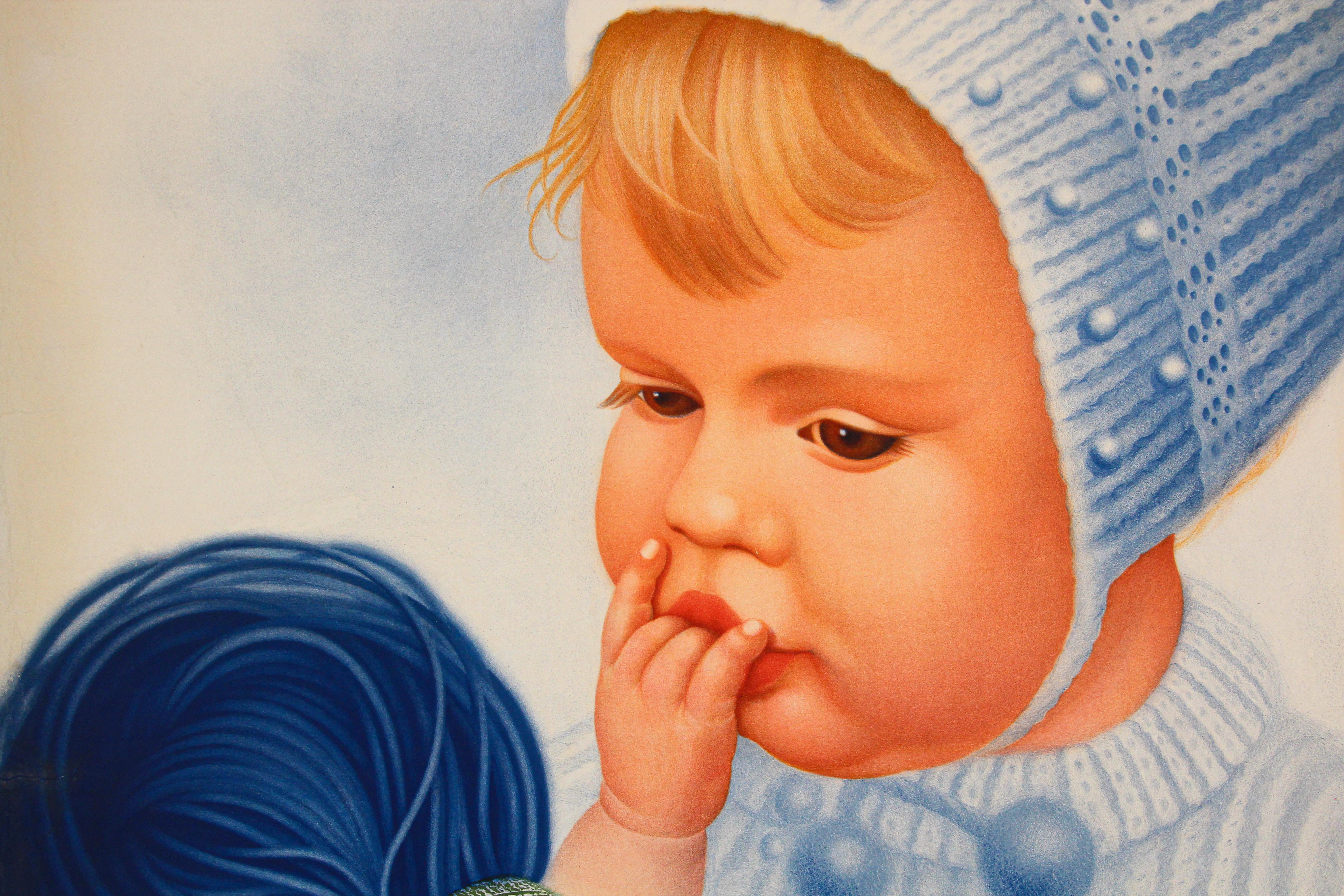 20ième siècle Affiche vintage suisse Schaffhauser en laine Wolle tricotée en fil de laine bleu bébé 1934  en vente