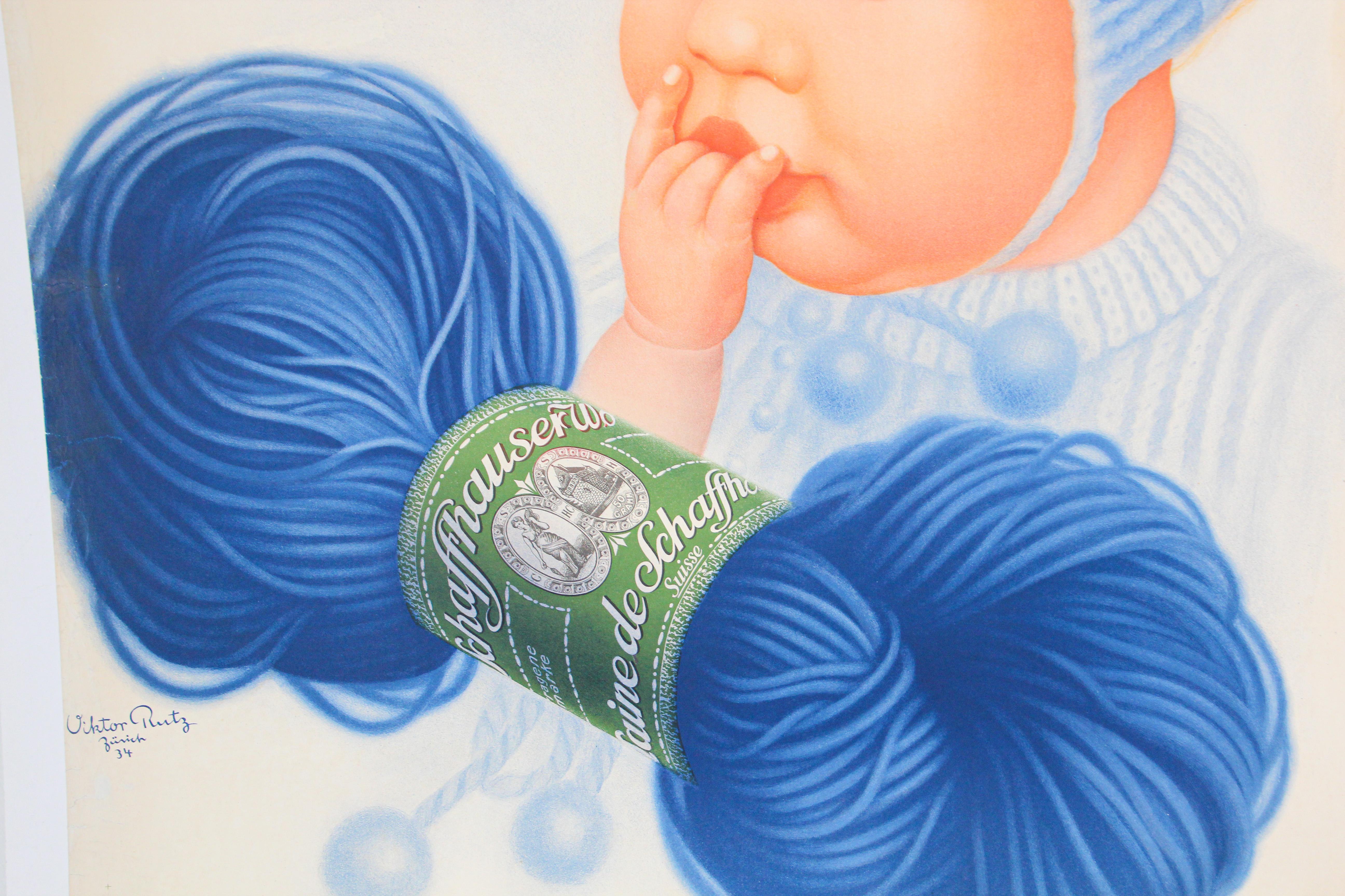 Papier Affiche vintage suisse Schaffhauser en laine Wolle tricotée en fil de laine bleu bébé 1934  en vente
