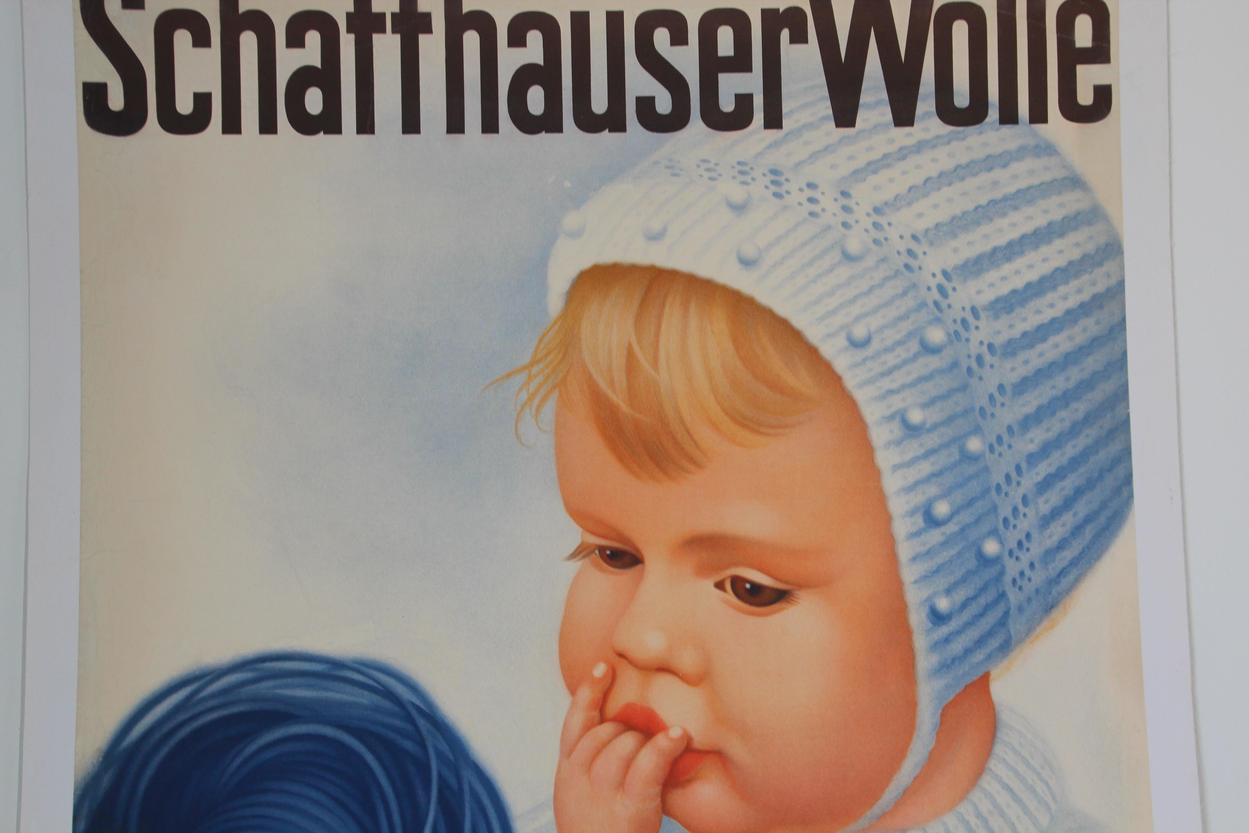Affiche vintage suisse Schaffhauser en laine Wolle tricotée en fil de laine bleu bébé 1934  en vente 1