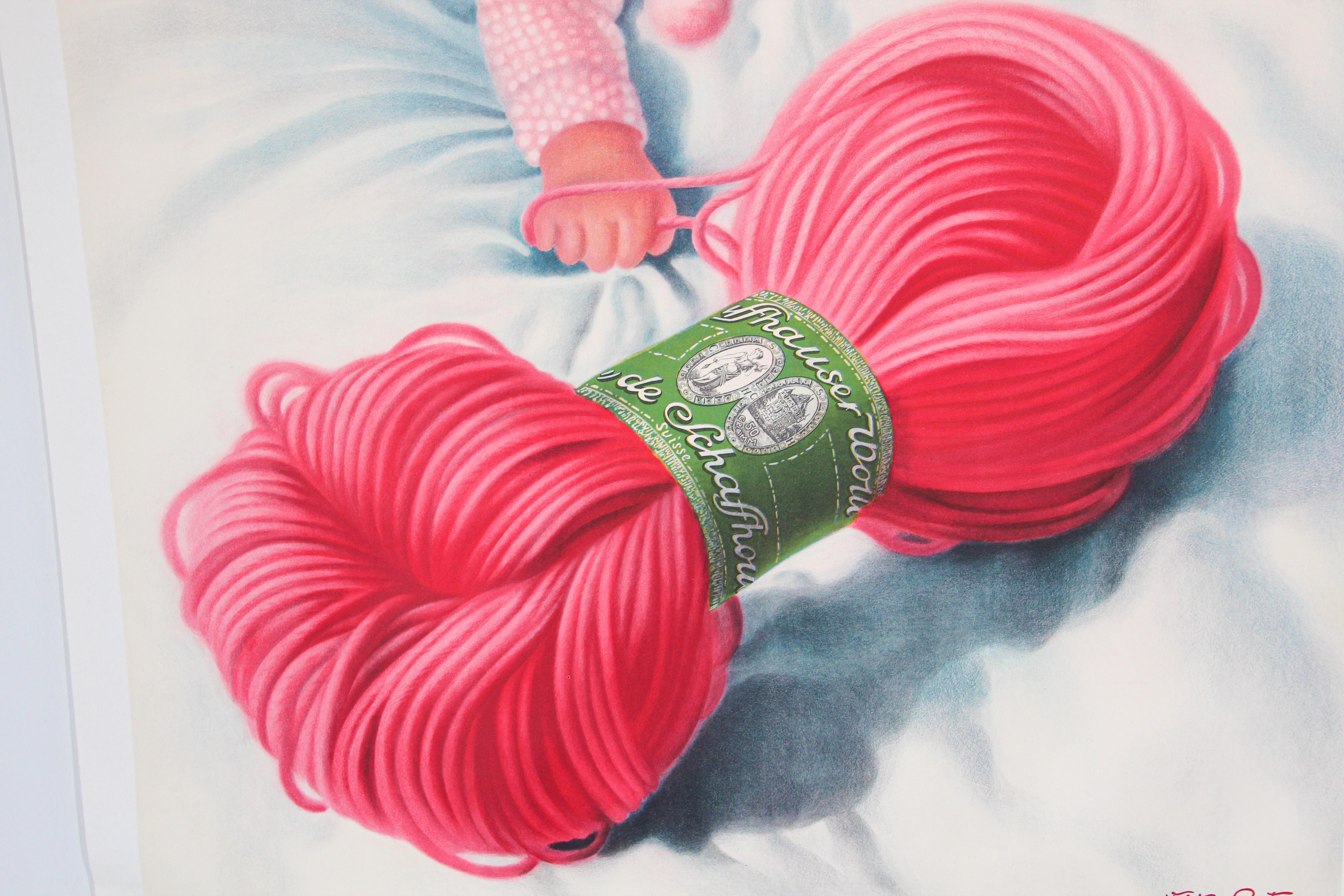 Vintage Poster Swiss Schaffhauser Wolle Wool Yarn Knitting 1935 Baby in Pink For Sale 1
