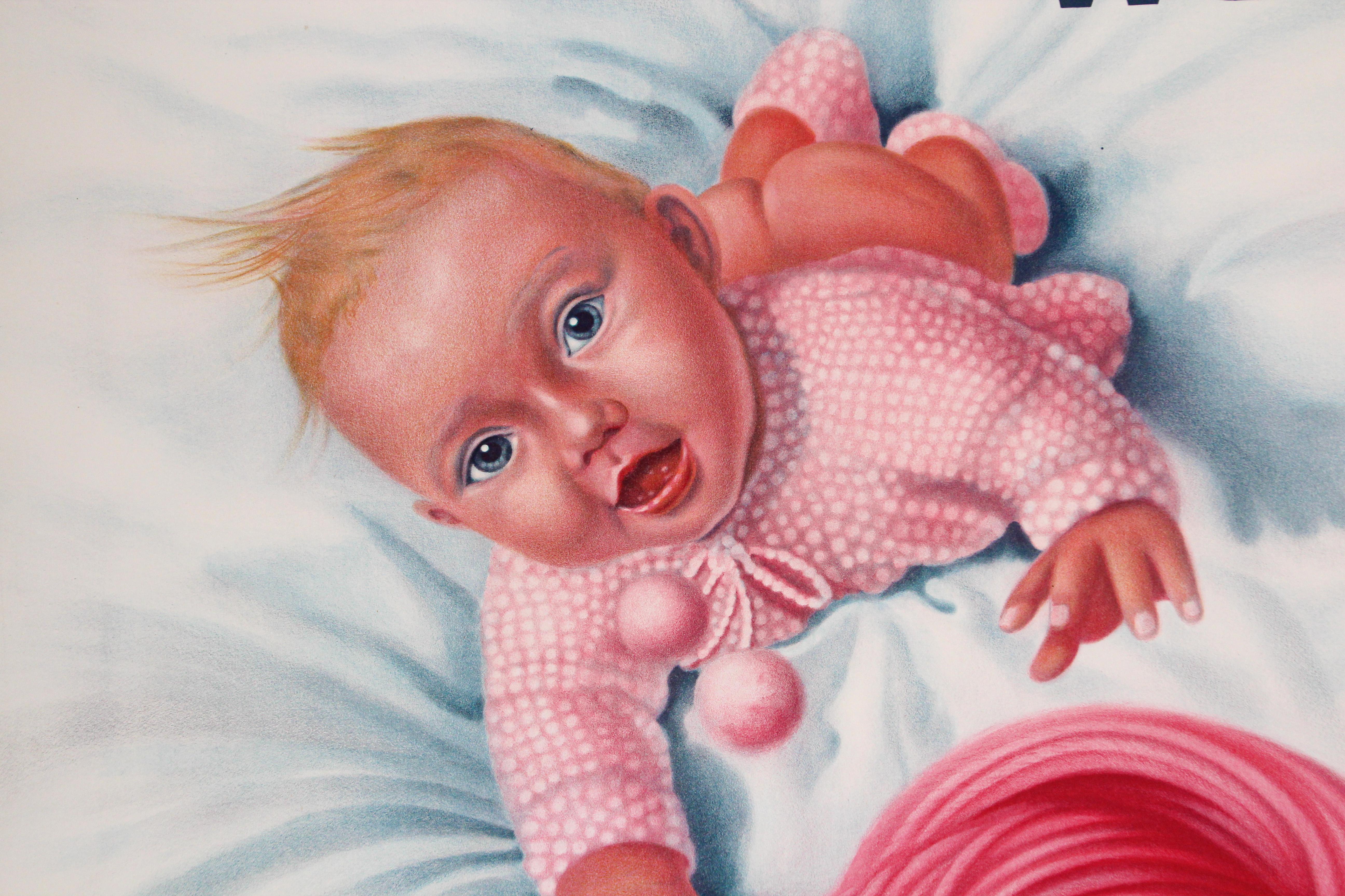 Vintage Poster Swiss Schaffhauser Wolle Wool Yarn Knitting 1935 Baby in Pink For Sale 2