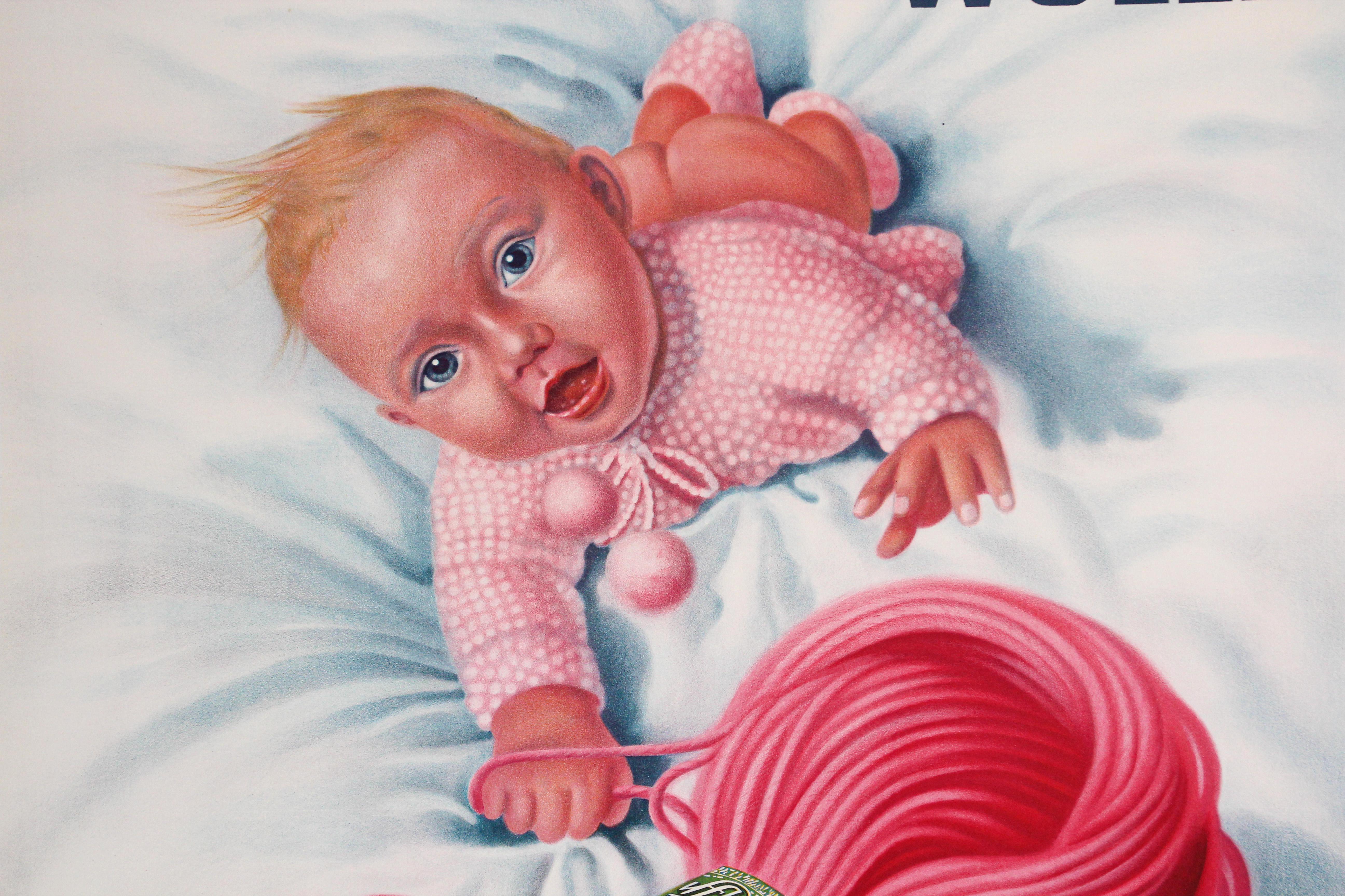 Vintage Poster Swiss Schaffhauser Wolle Wool Yarn Knitting 1935 Baby in Pink For Sale 5