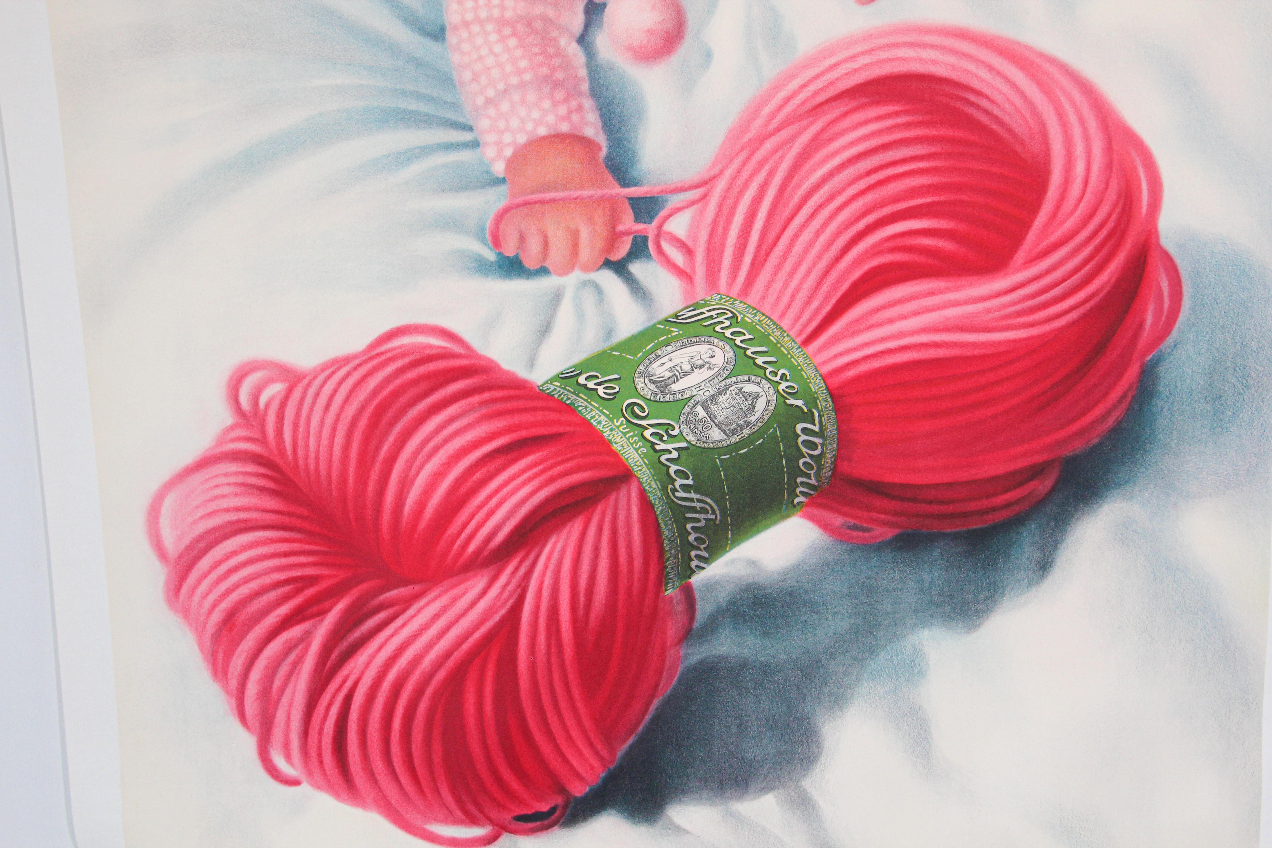 Vintage Poster Swiss Schaffhauser Wolle Wool Yarn Knitting 1935 Baby in Pink For Sale 9