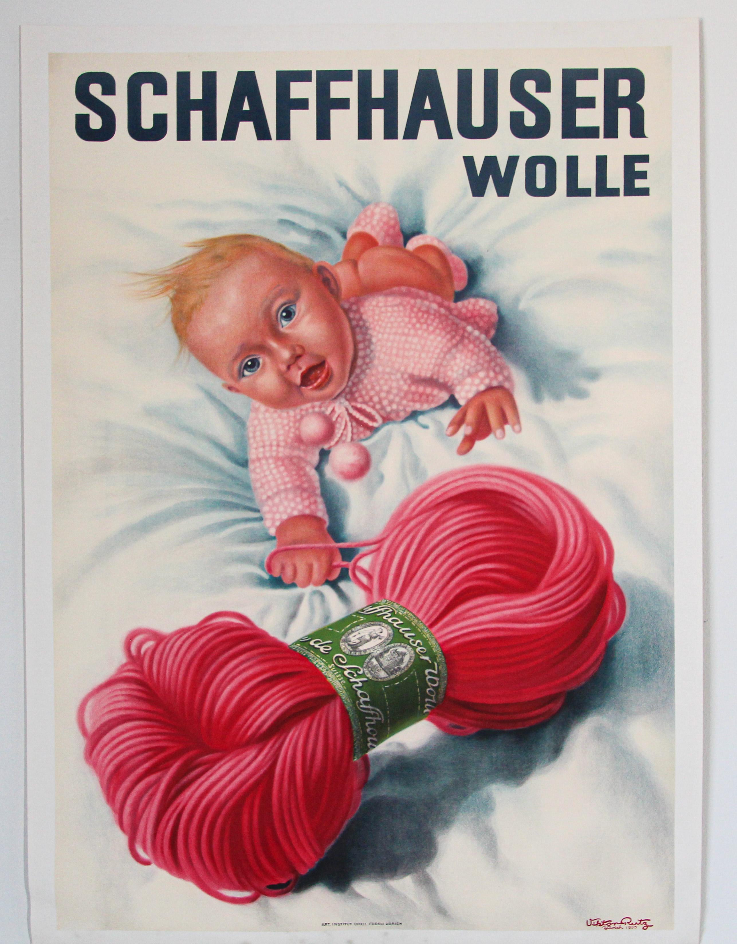 Original vintage poster Swiss Schaffhauser Wolle Wool Yarn Knitting 1935 Baby.
This is an original 1st printing of this poster by Viktor Rutz Zurich .
Printed in 1935, it was created to advertise Schaffhauser Wolle.
Advertising poster for yarn