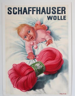 Vintage Poster Swiss Schaffhauser Wolle Wool Yarn Knitting 1935 Baby in Pink