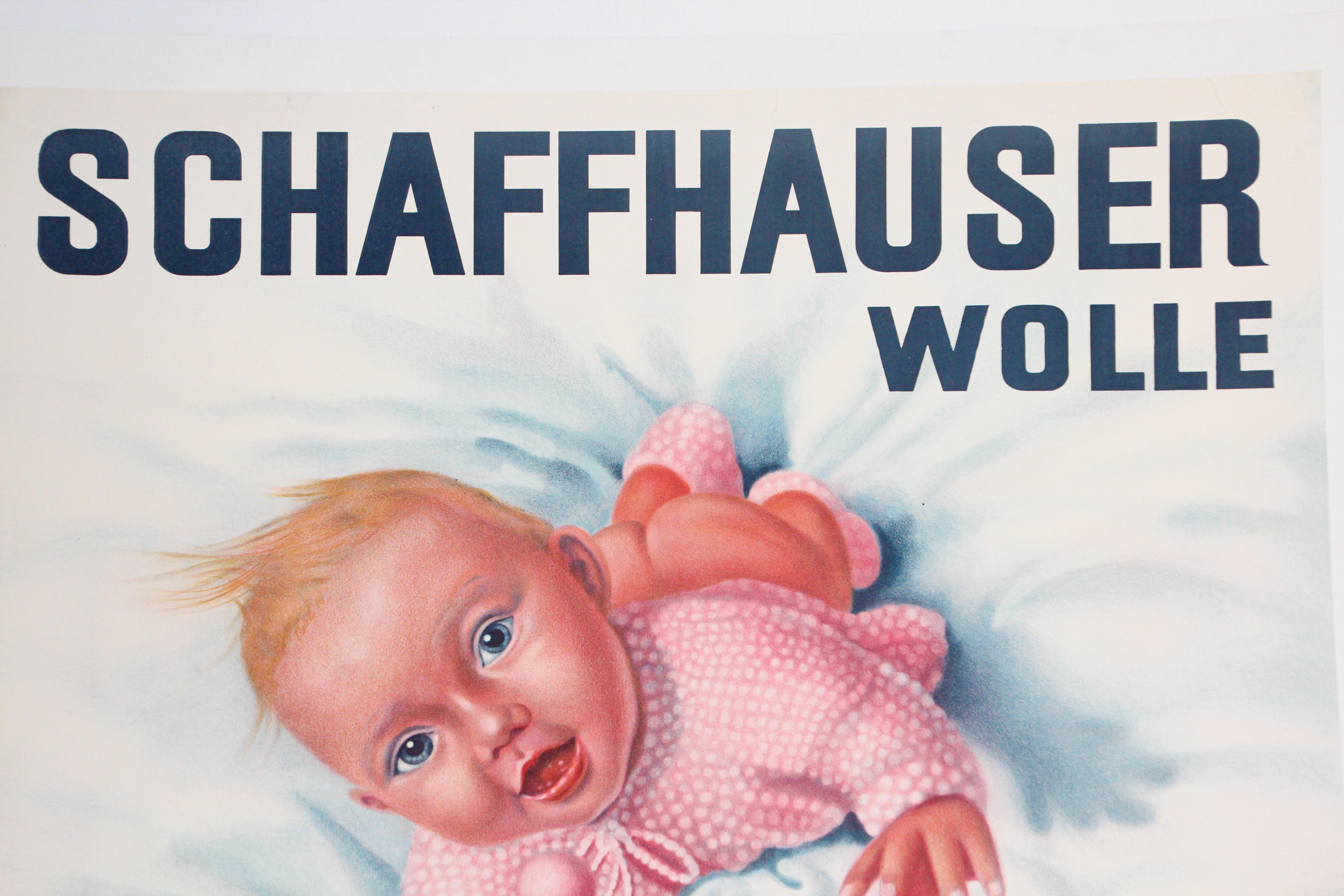 Vintage Poster Schweizer Schaffhauser Wolle Yarn Knitting 1935 Baby in Rosa (Art déco) im Angebot