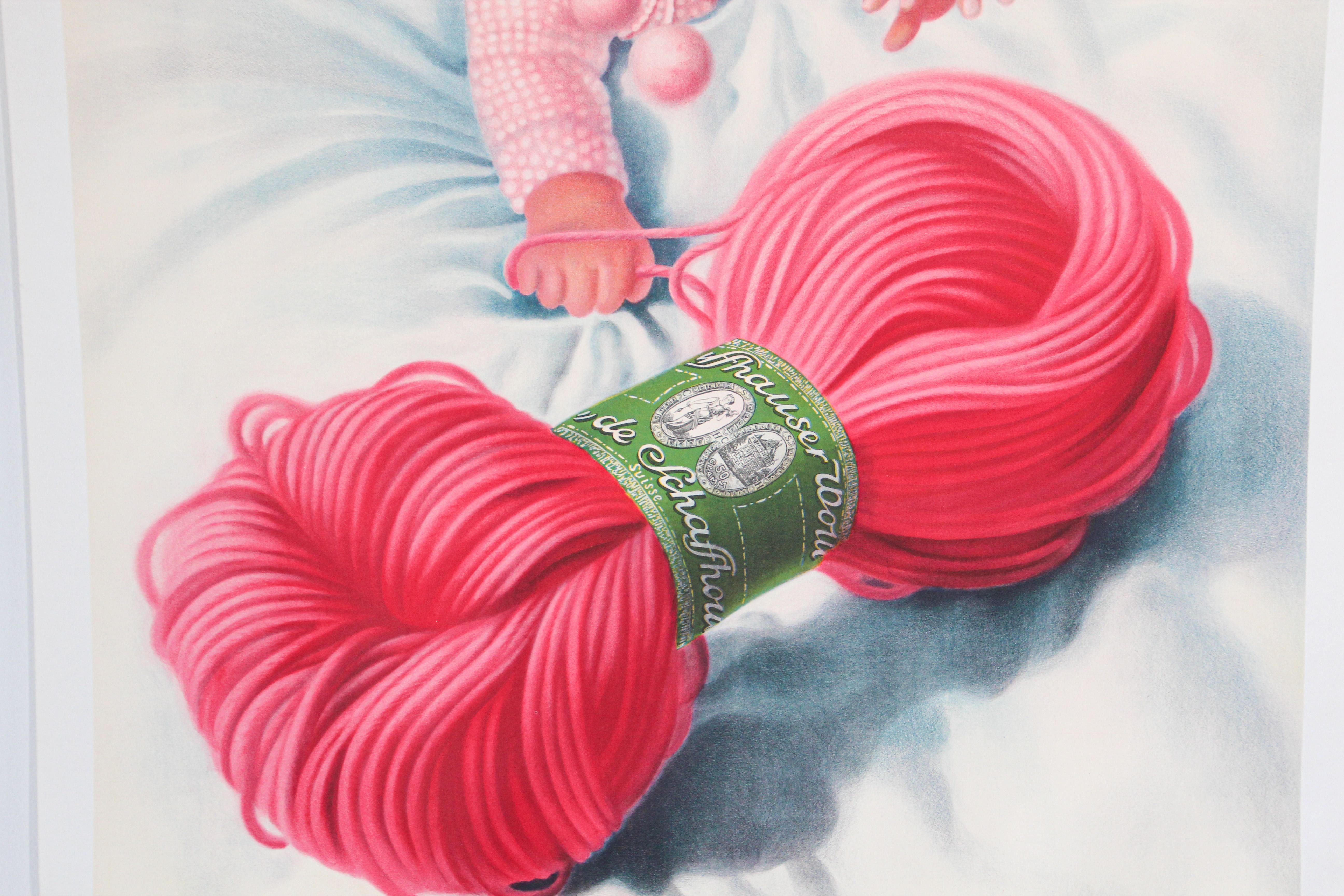 Fait main Affiche vintage suisse Schaffhauser en laine Wolle tricotée au fil, Bébé en rose, 1935 en vente