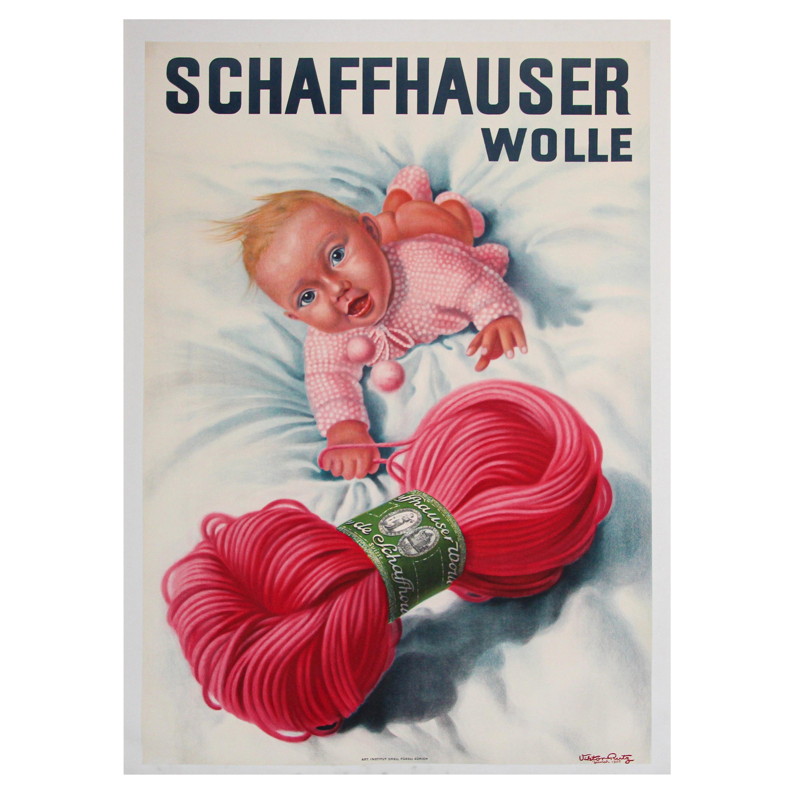 Vintage Poster Schweizer Schaffhauser Wolle Yarn Knitting 1935 Baby in Rosa