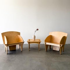 Vintage Postmodern 1980s Pair of Interlocking Plywood Puzzle Chairs with Ottoman