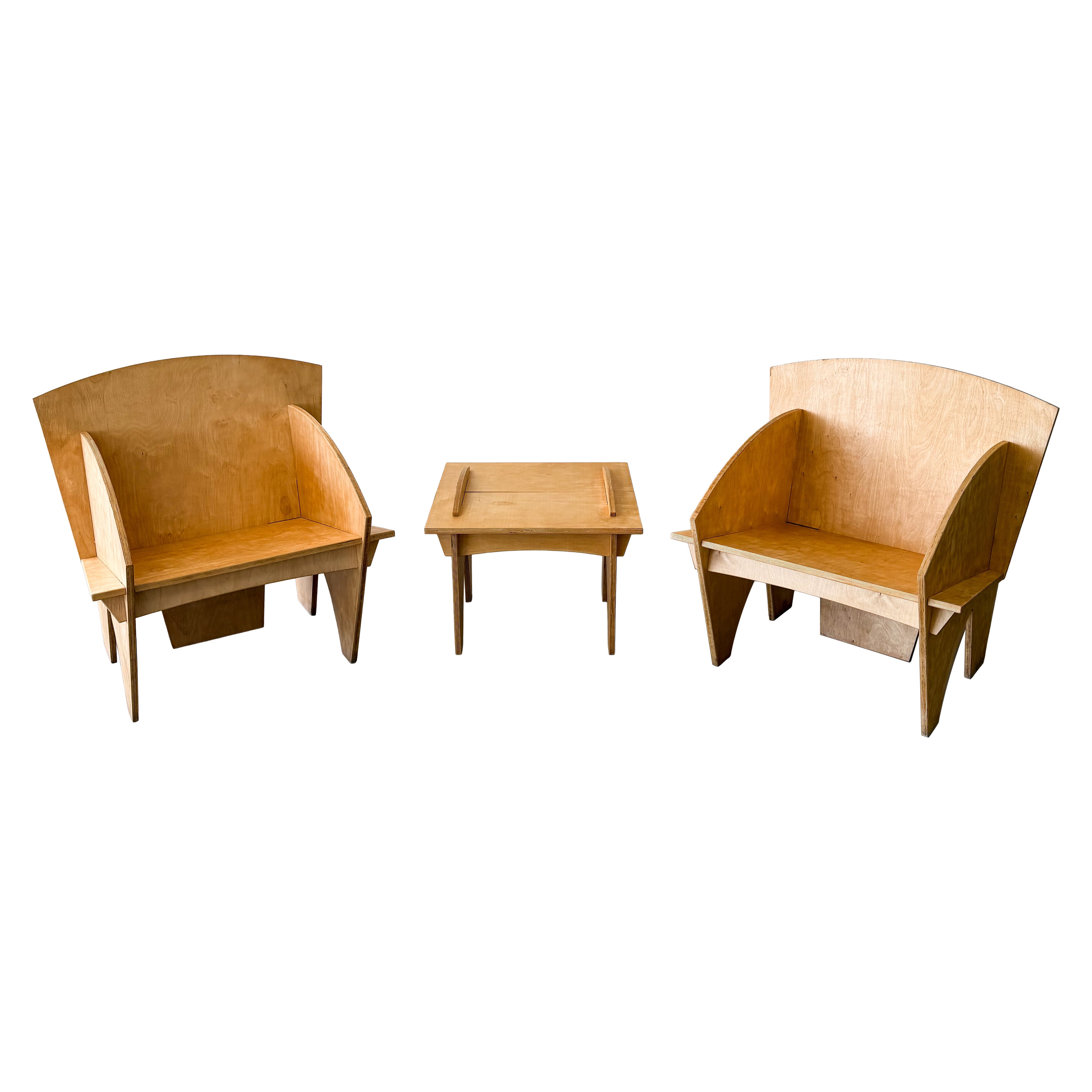 Vintage Postmodern 1980s Pair of Interlocking Plywood Puzzle Chairs with Ottoman For Sale