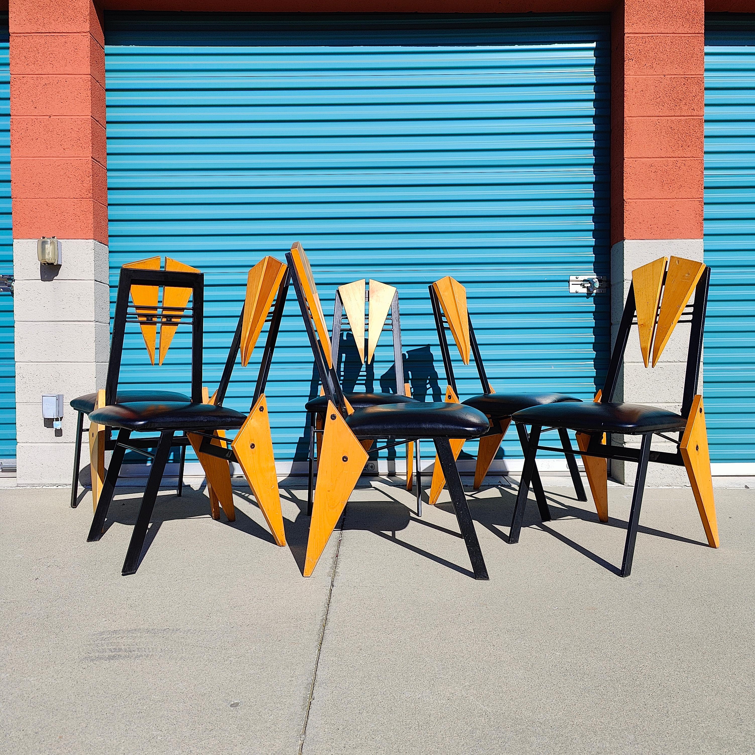 Vintage Postmodern Abstract Memphis Style & Geometrical Dining Chairs For Sale 7