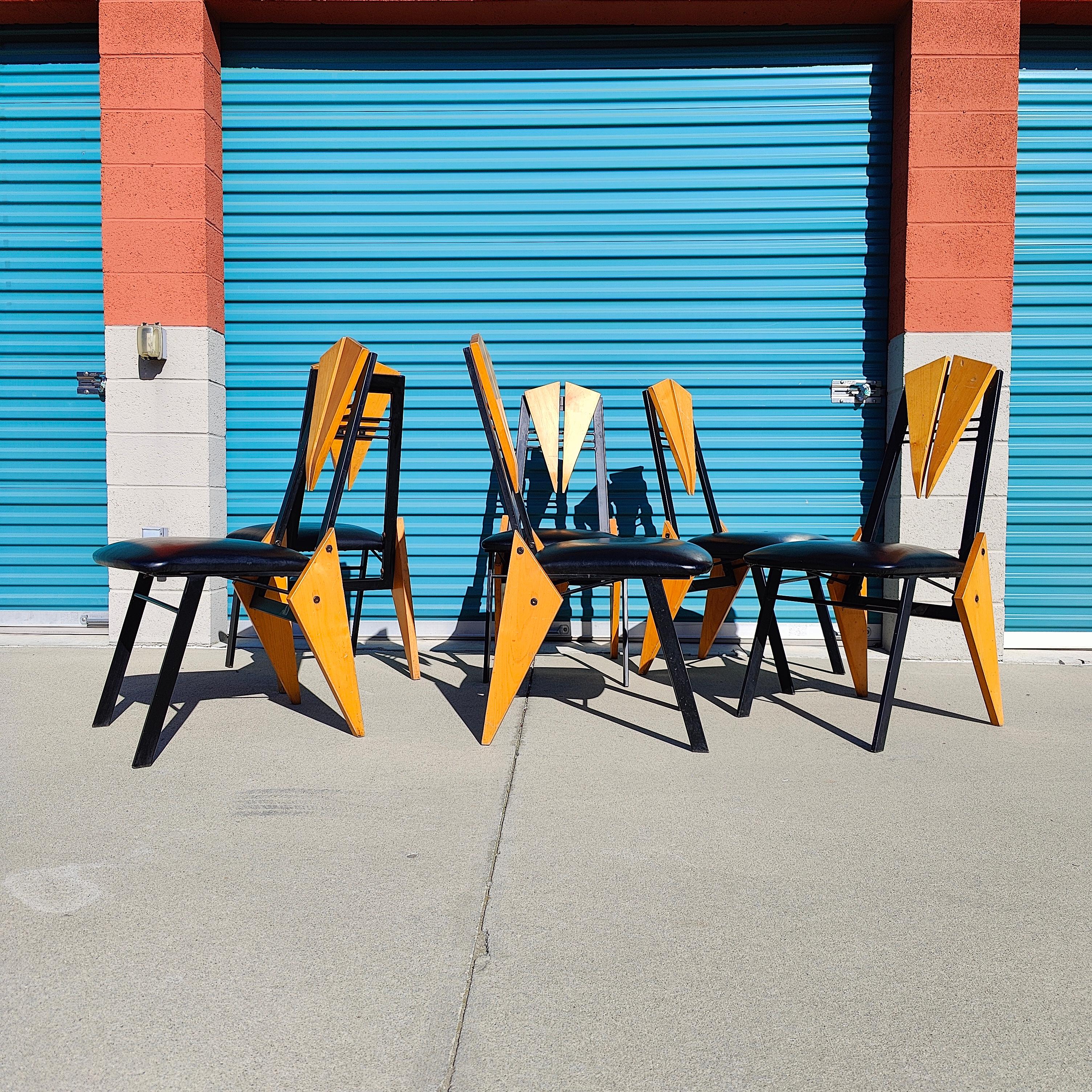 Late 20th Century Vintage Postmodern Abstract Memphis Style & Geometrical Dining Chairs For Sale