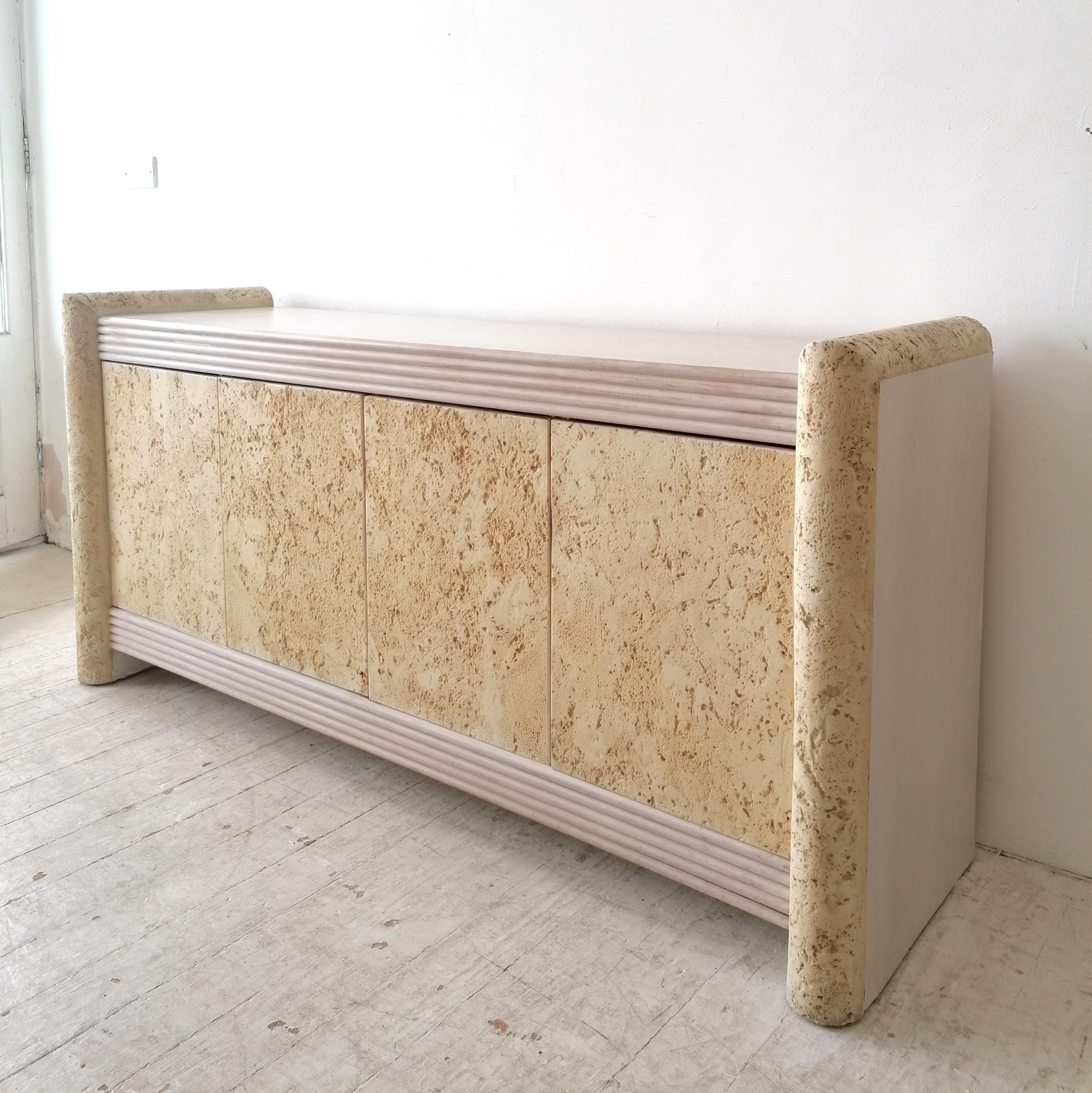 Post-Modern Vintage Postmodern American Textured Concrete & Cane Faux Stone Sideboard 1980s