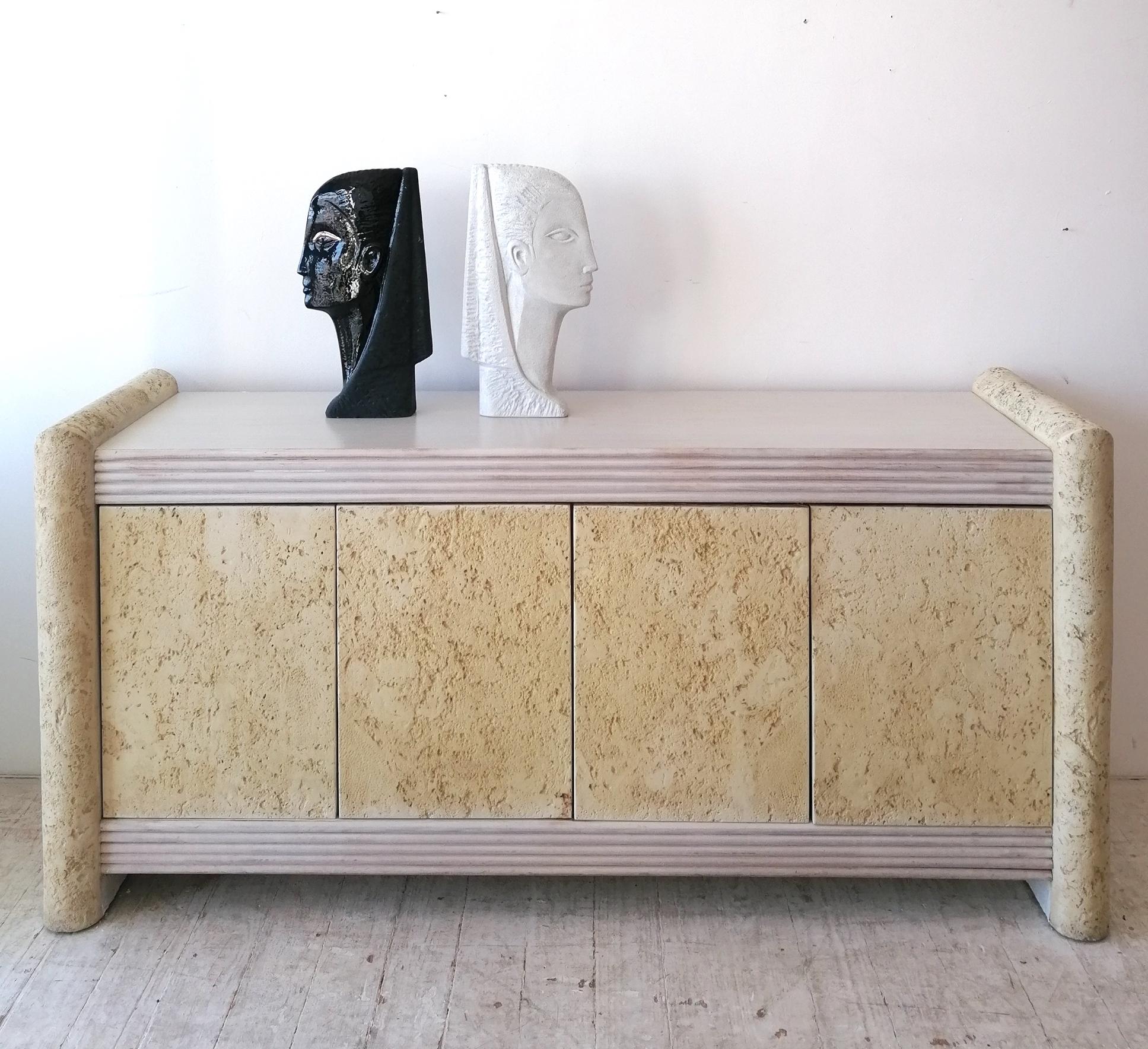 Vintage Postmodern American Textured Concrete & Cane Faux Stone Sideboard 1980s In Good Condition In Hastings, GB