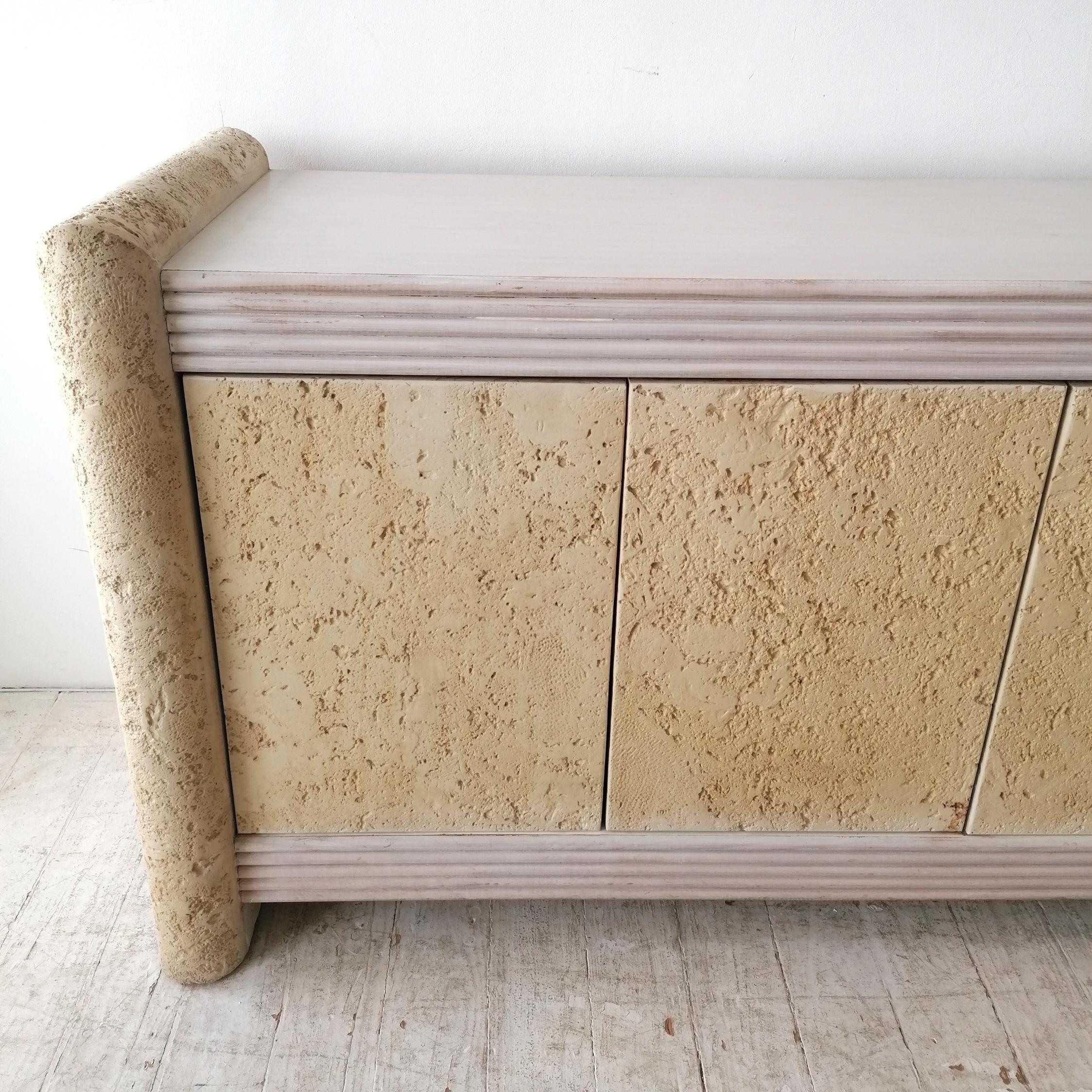 Vintage Postmodern American Textured Concrete & Cane Faux Stone Sideboard 1980s 3