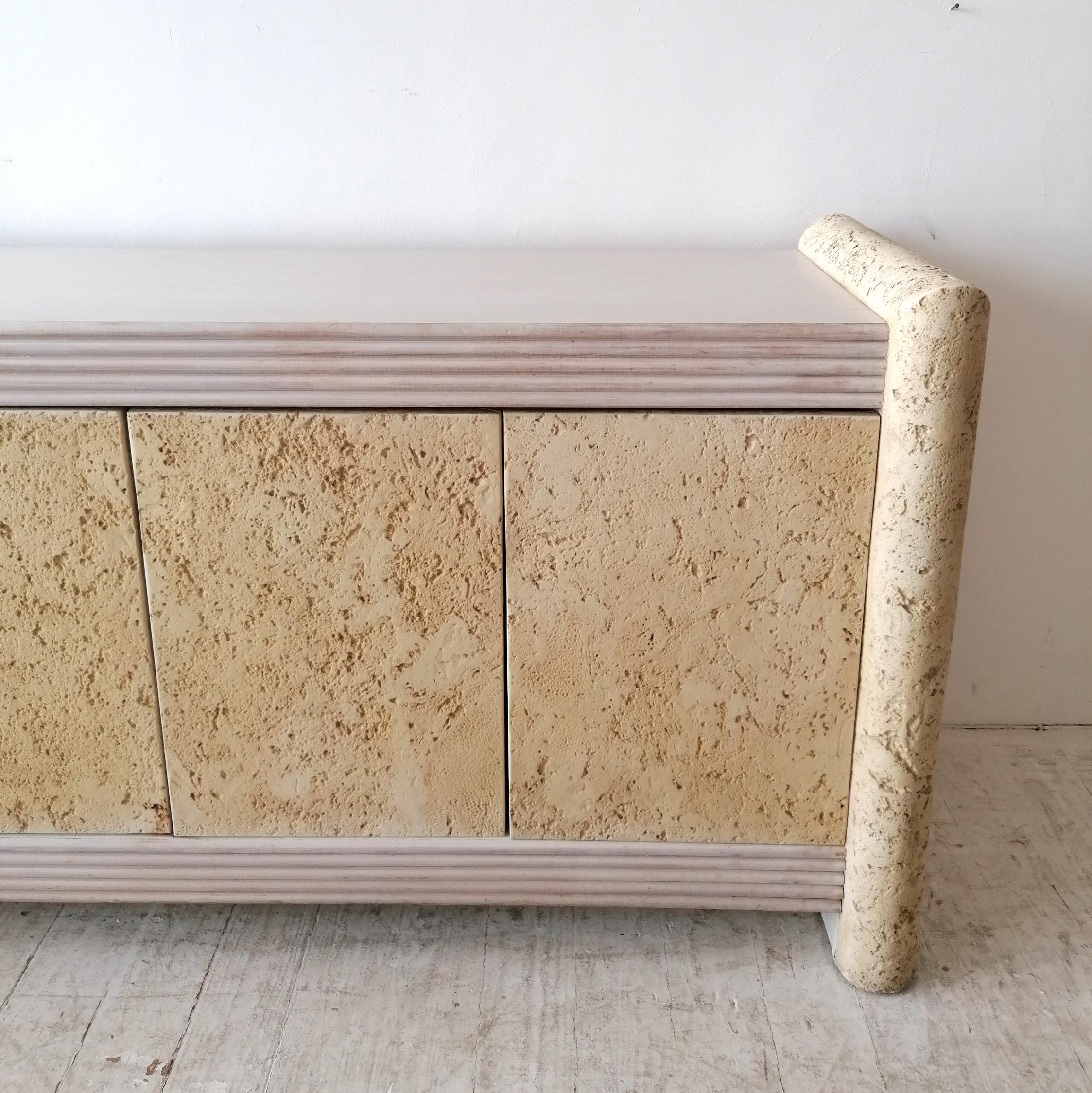 Vintage Postmodern American Textured Concrete & Cane Faux Stone Sideboard 1980s 4