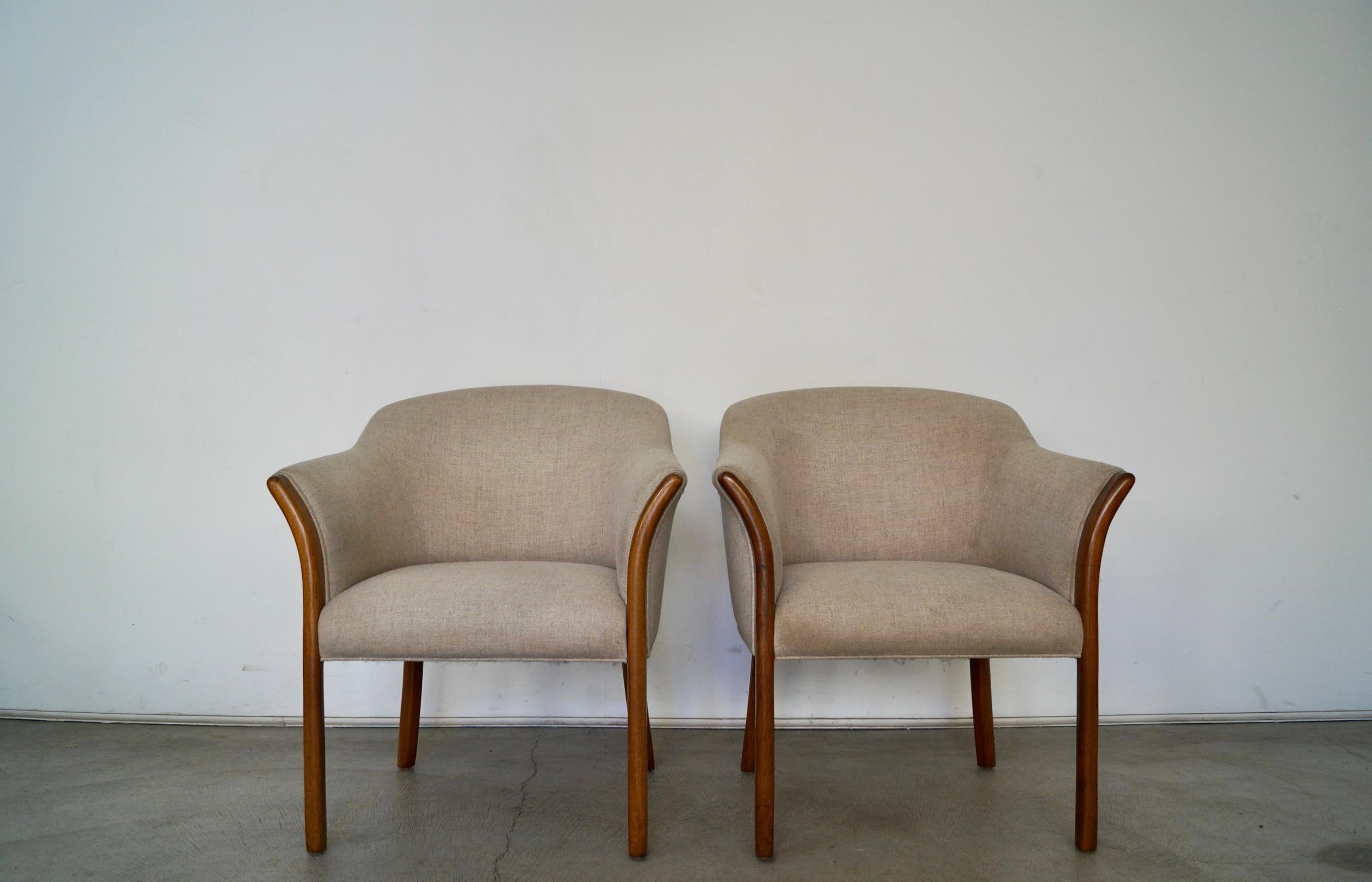 Fabric Vintage Postmodern Barrel Walnut Armchairs - Set of Four