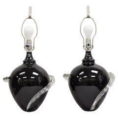Vintage Postmodern Black Blown Glass Clear Ribbon & Lucite Table Lamps - a Pair