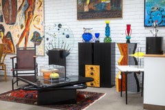 Vintage Postmodern Black Lacquered Wood and Burlwood Bar Drinks Cabinet