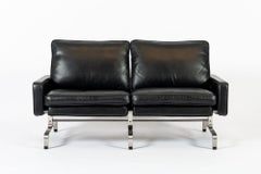 Vintage Postmodern Black Leather & Brushed Steel Loveseat Sofa, 1980s