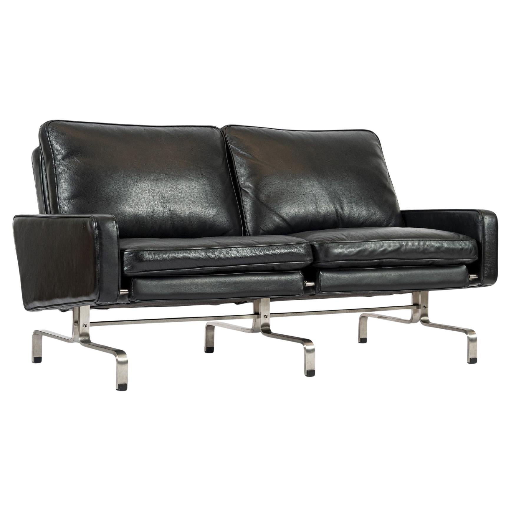 Vintage Postmodern Black Leather & Brushed Steel Loveseat Sofa, 1980s For Sale