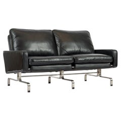 Vintage Postmodern Black Leather & Brushed Steel Loveseat Sofa, 1980s