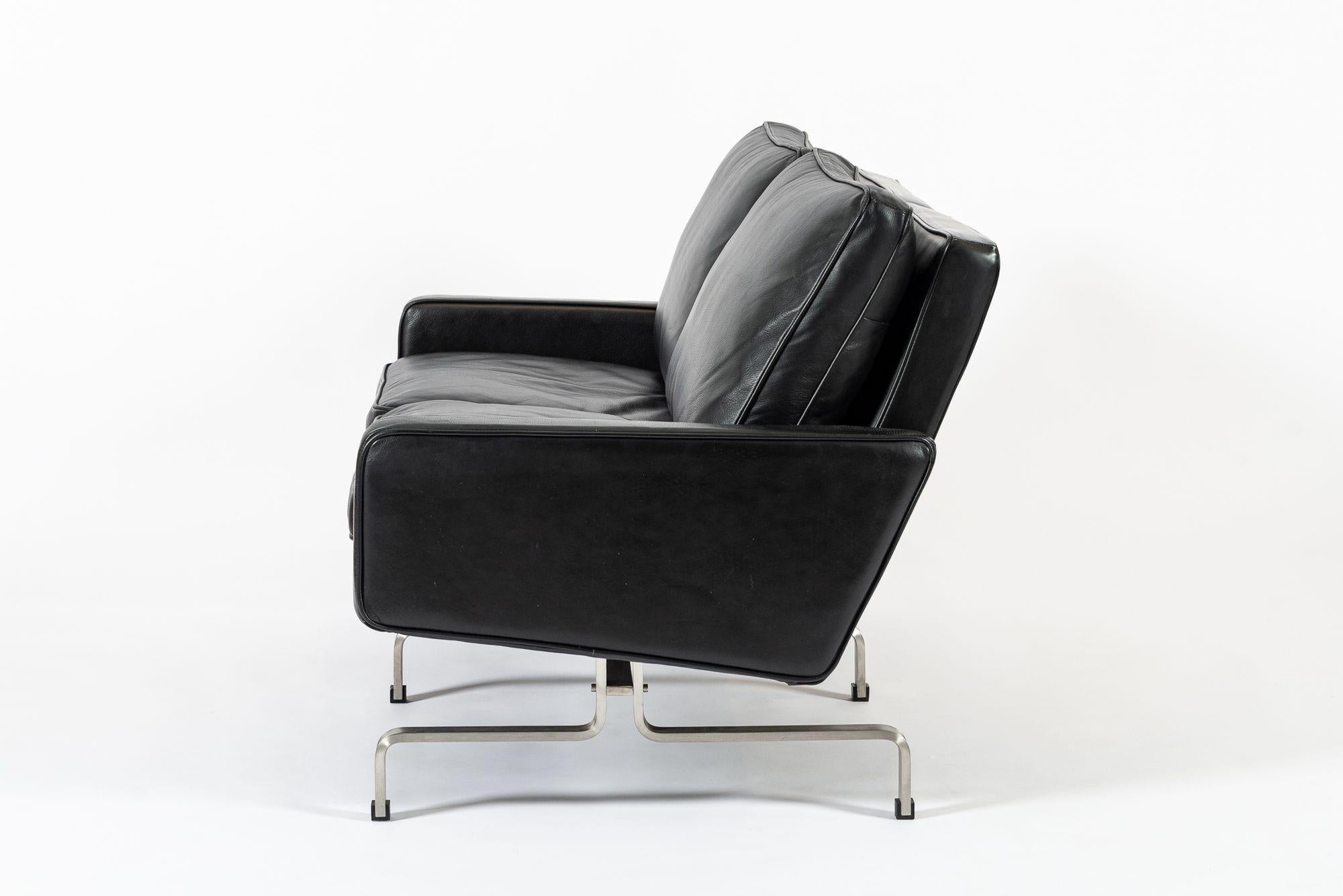 Steel Vintage Postmodern Black Leather Loveseat Sofa, 1980s For Sale