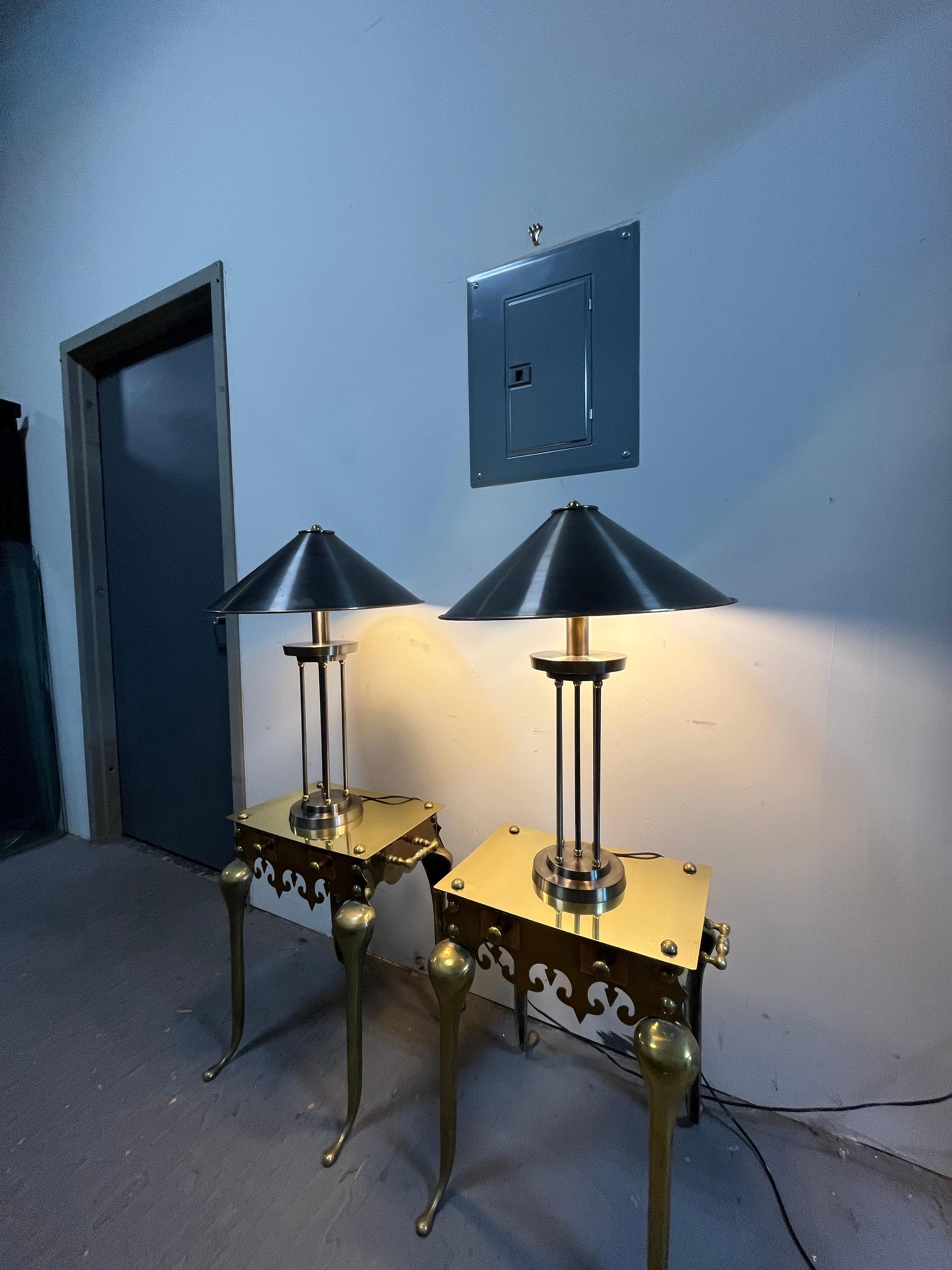 Vintage Postmodern Brushed Steel and Brass Columnar Lamps Metal Shade For Sale 4