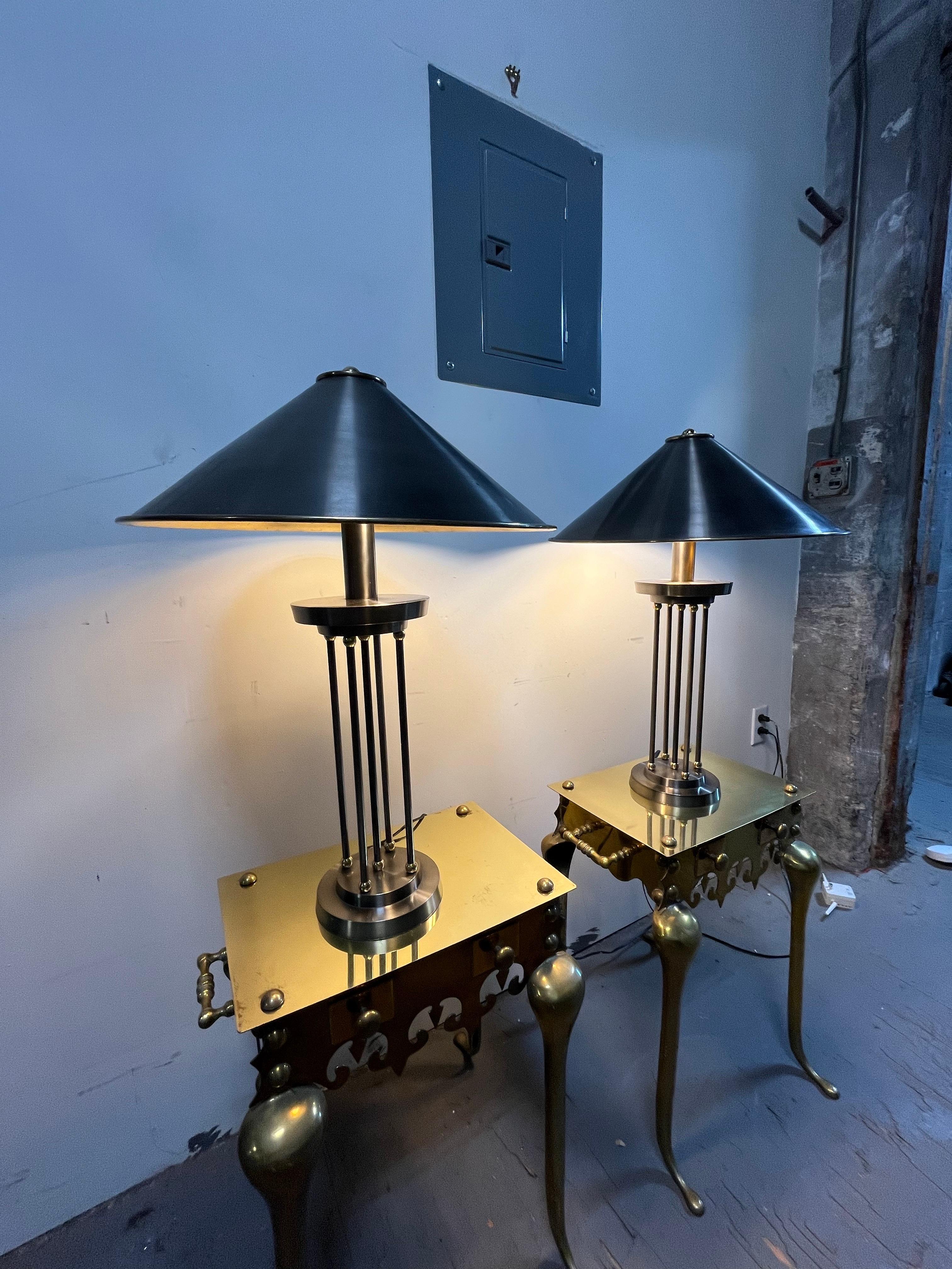 Vintage Postmodern Brushed Steel and Brass Columnar Lamps Metal Shade For Sale 5
