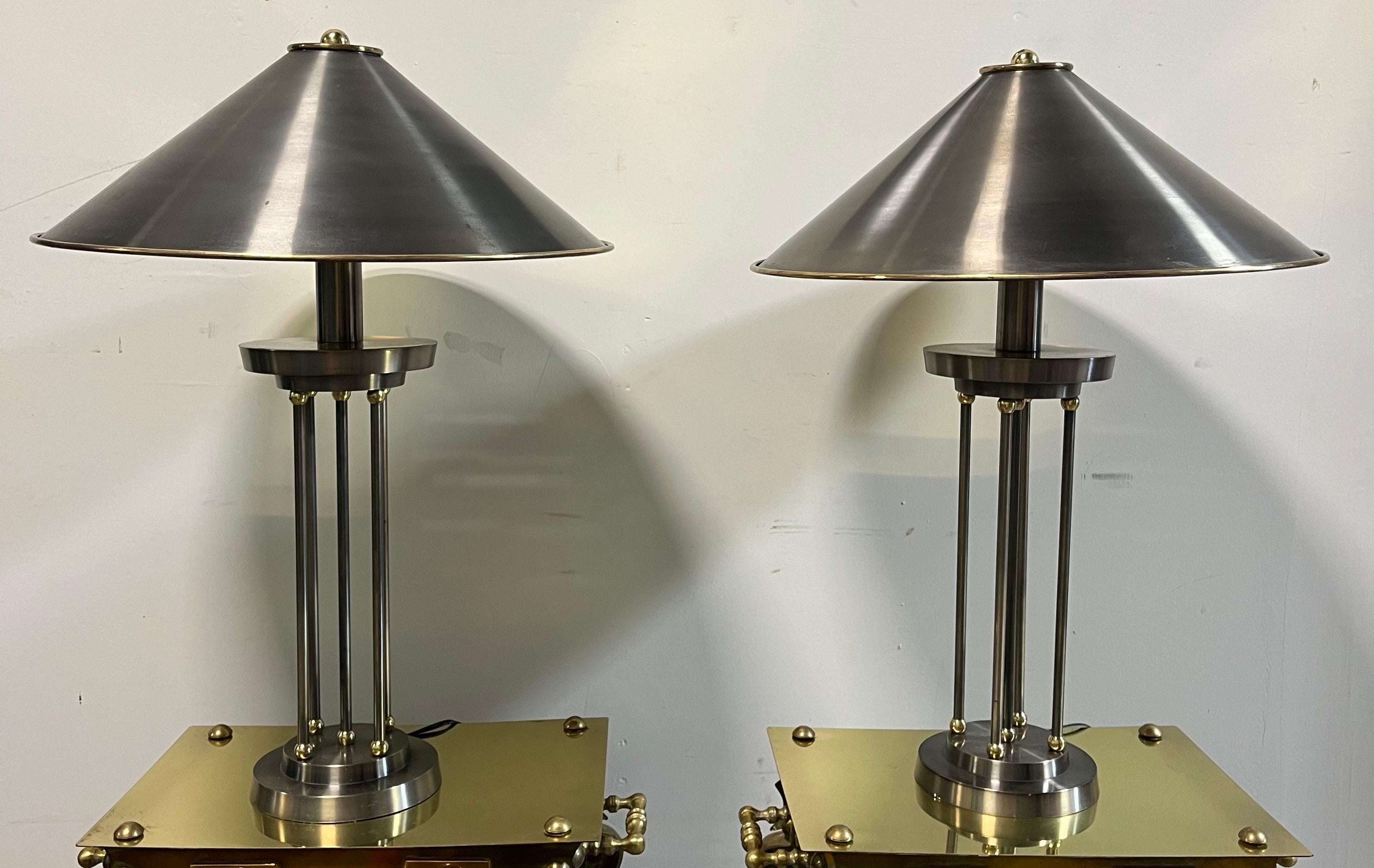 Vintage Postmodern Brushed Steel and Brass Columnar Lamps Metal Shade For Sale 7