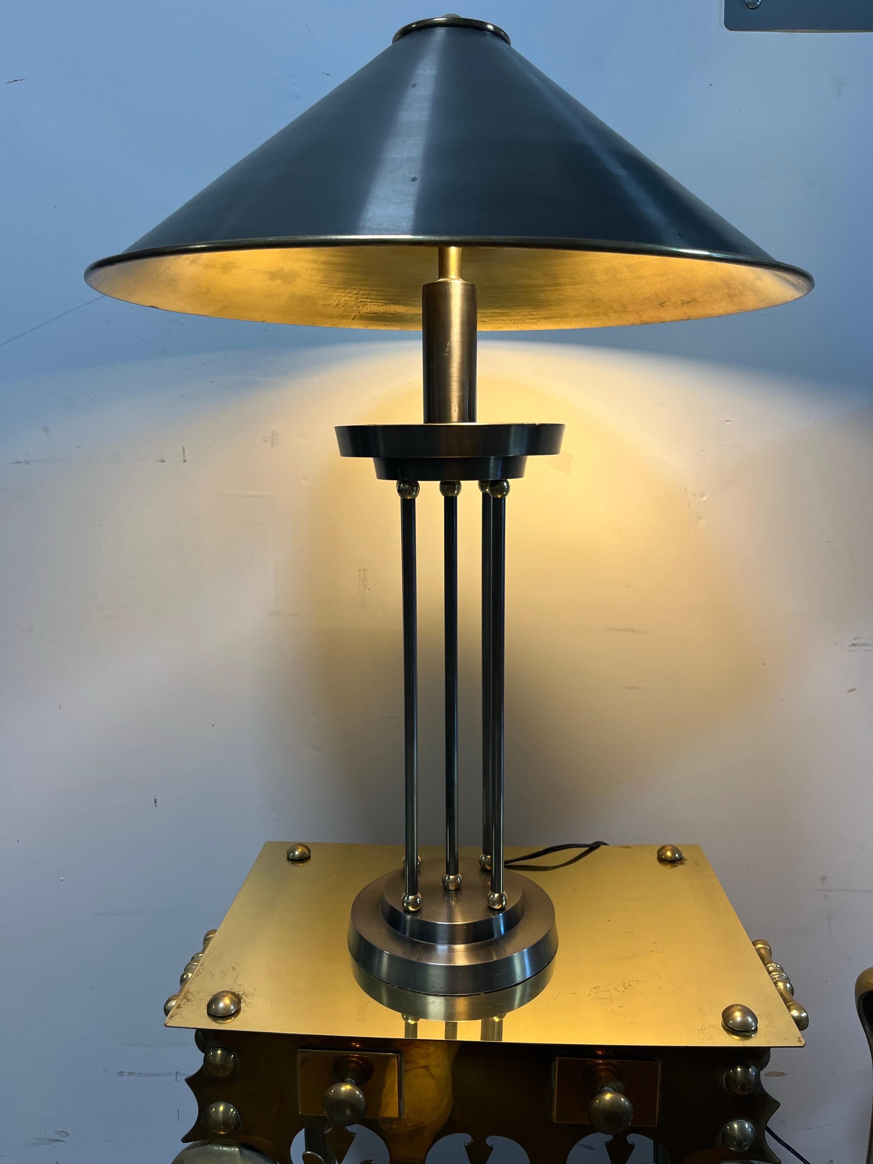 Post-Modern Vintage Postmodern Brushed Steel and Brass Columnar Lamps Metal Shade For Sale