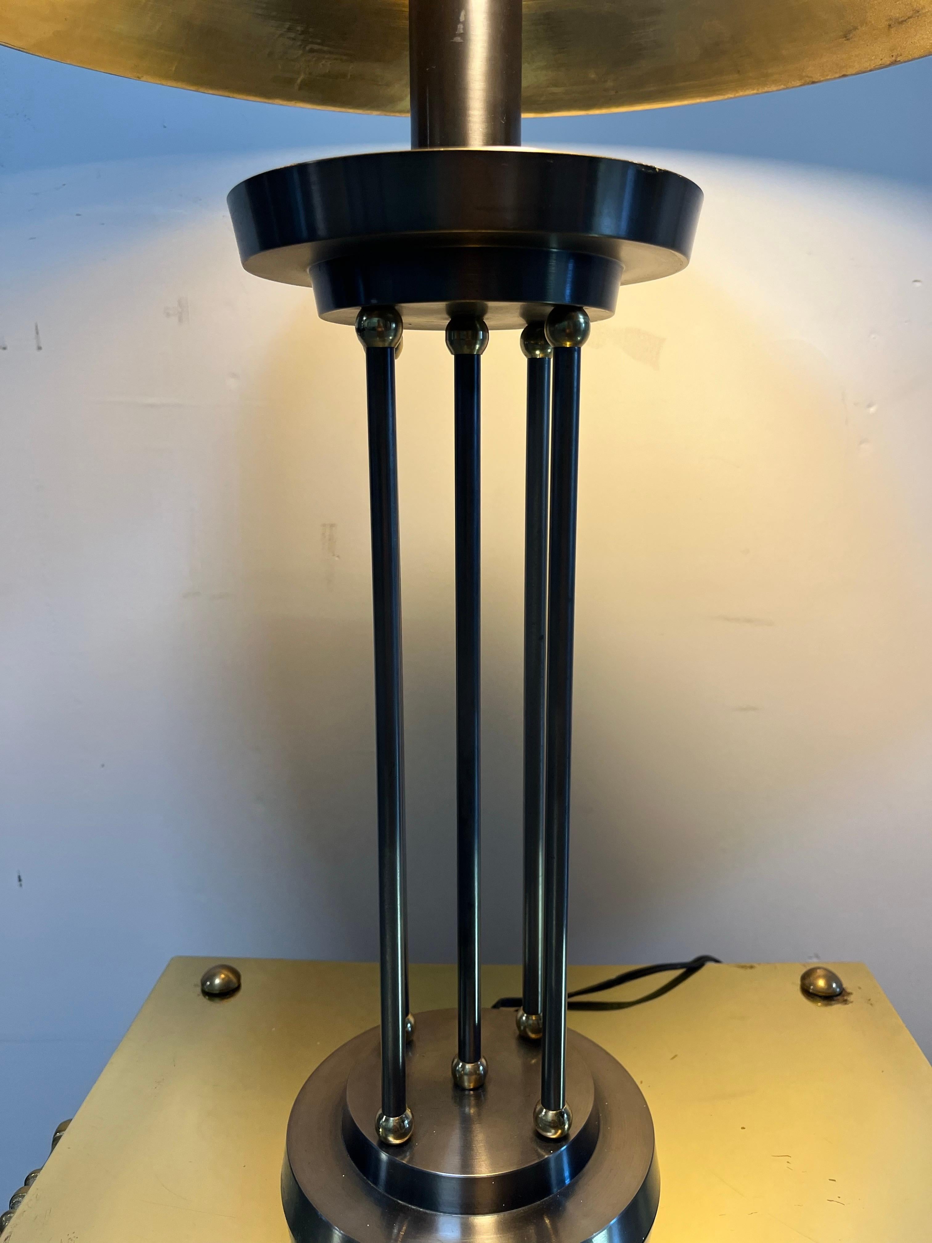 Unknown Vintage Postmodern Brushed Steel and Brass Columnar Lamps Metal Shade For Sale