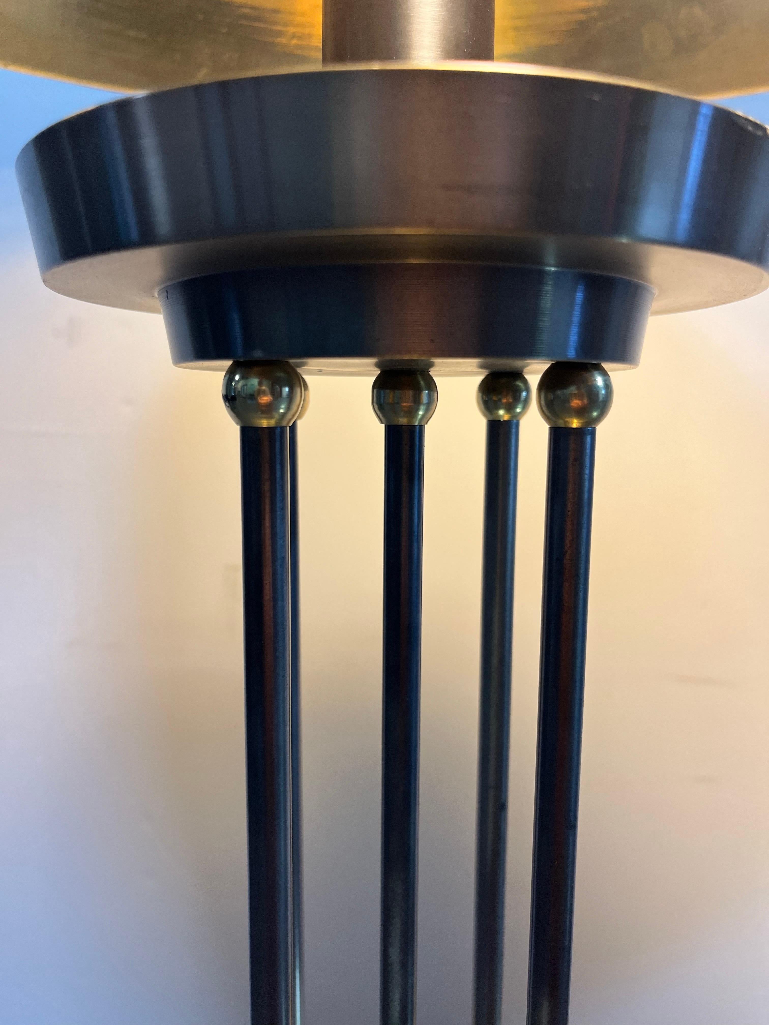 Vintage Postmodern Brushed Steel and Brass Columnar Lamps Metal Shade In Good Condition For Sale In W Allenhurst, NJ