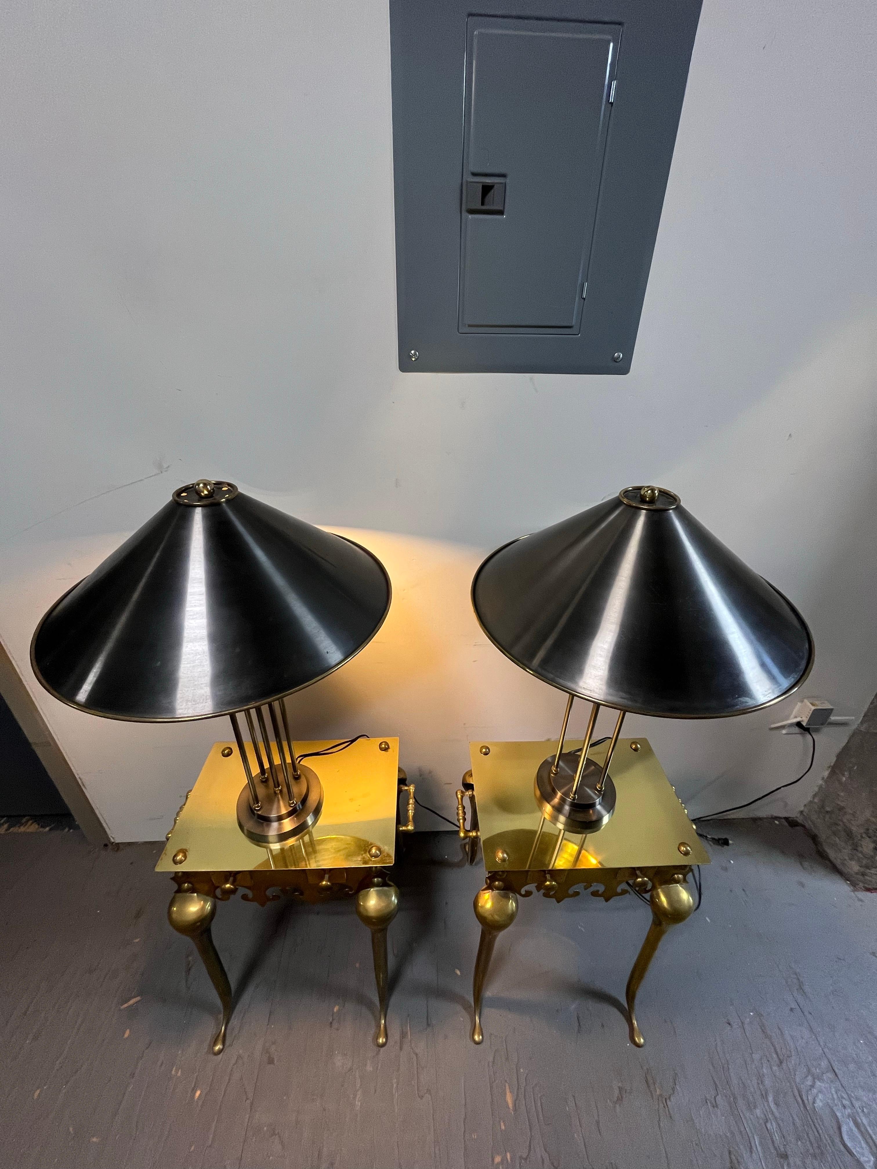 Vintage Postmodern Brushed Steel and Brass Columnar Lamps Metal Shade For Sale 2