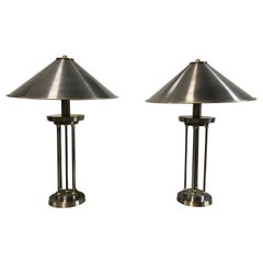 Vintage Postmodern Brushed Steel and Brass Columnar Lamps Metal Shade