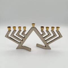 Vintage Postmodern Brutalist Style Chrome and Brass Menorah Candleholder, Signed
