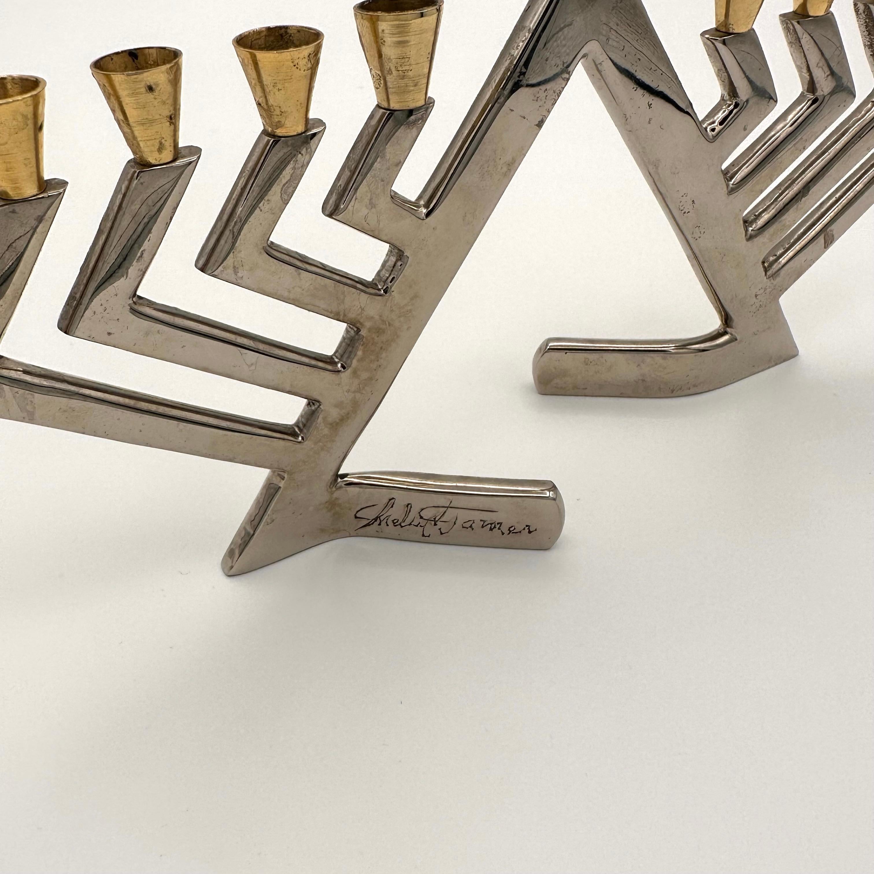 Vintage Postmodern Brutalist Style Chrome and Brass Menorah Candleholder, Signed In Good Condition For Sale In Amityville, NY