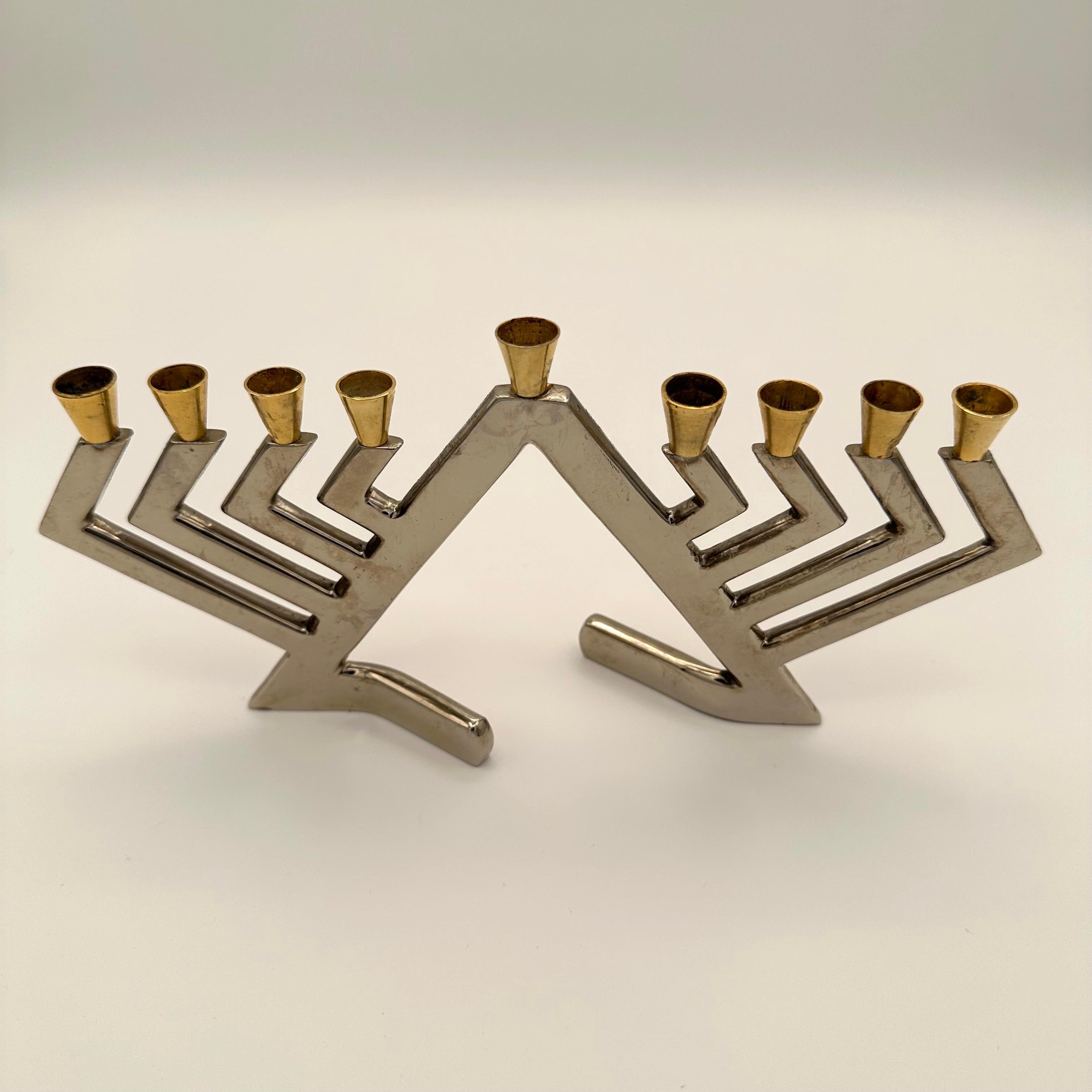 Late 20th Century Vintage Postmodern Brutalist Style Chrome and Brass Menorah Candleholder, Signed For Sale