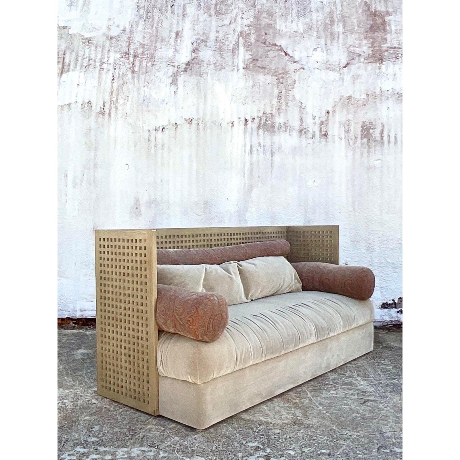 Exceptional vintage Postmodern sofa. Beautiful cerused grid wood frame. Big down pillow with a ruched velvet mohair body with a set of jacquard paisley bolsters. Done in the manner of Donghia. Acquired from a Palm Beach estate.