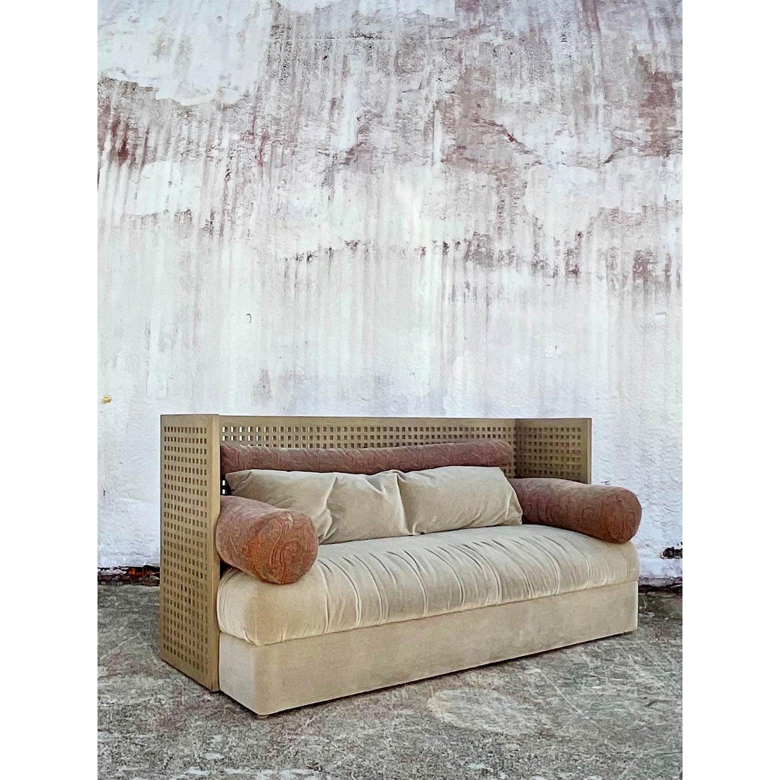 Vintage PostModern Cerused Grid Sofa After Donghia In Good Condition In west palm beach, FL