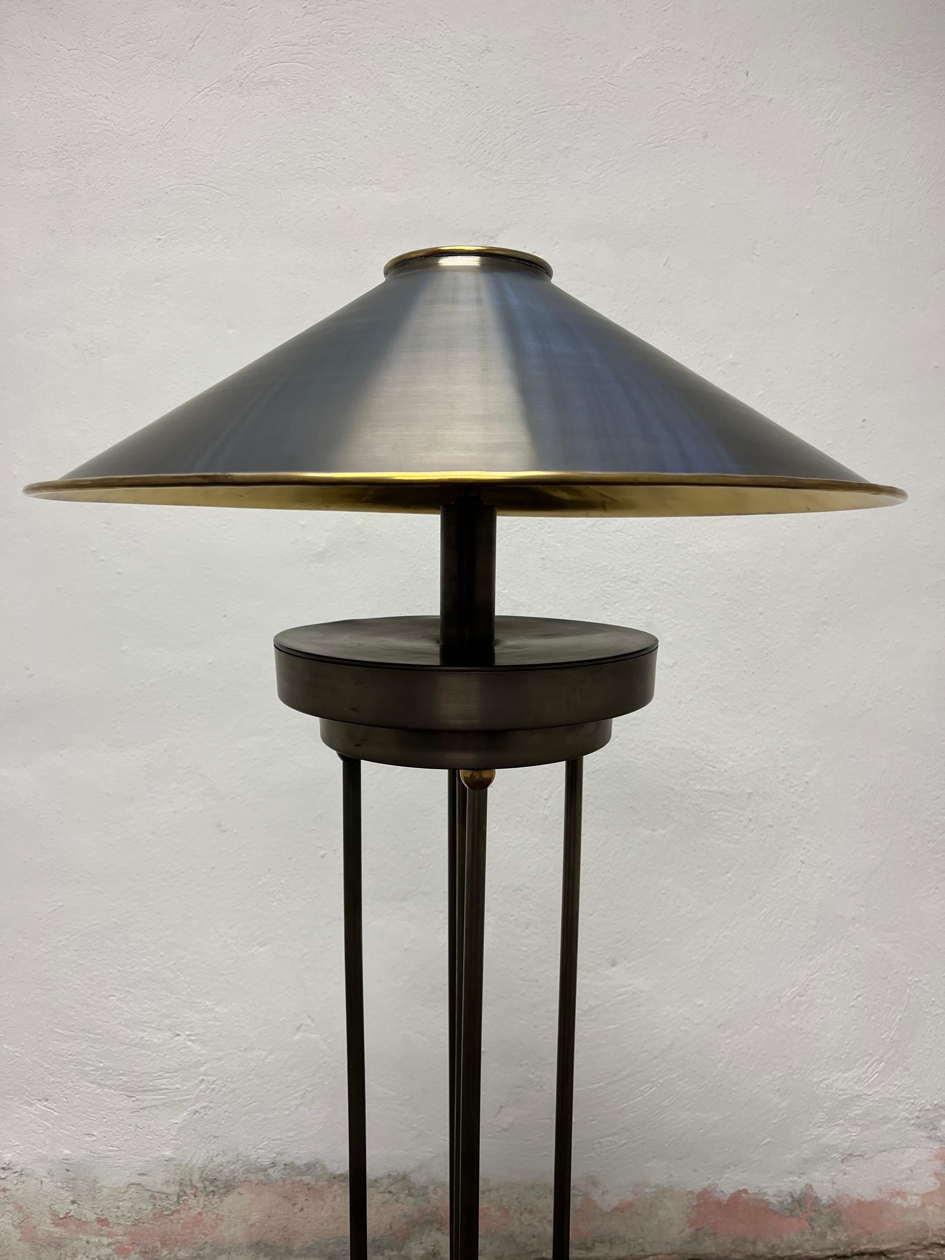 Post-Modern Vintage Postmodern Brushed Steel and Brass Column Floor Lamp Metal Shade For Sale