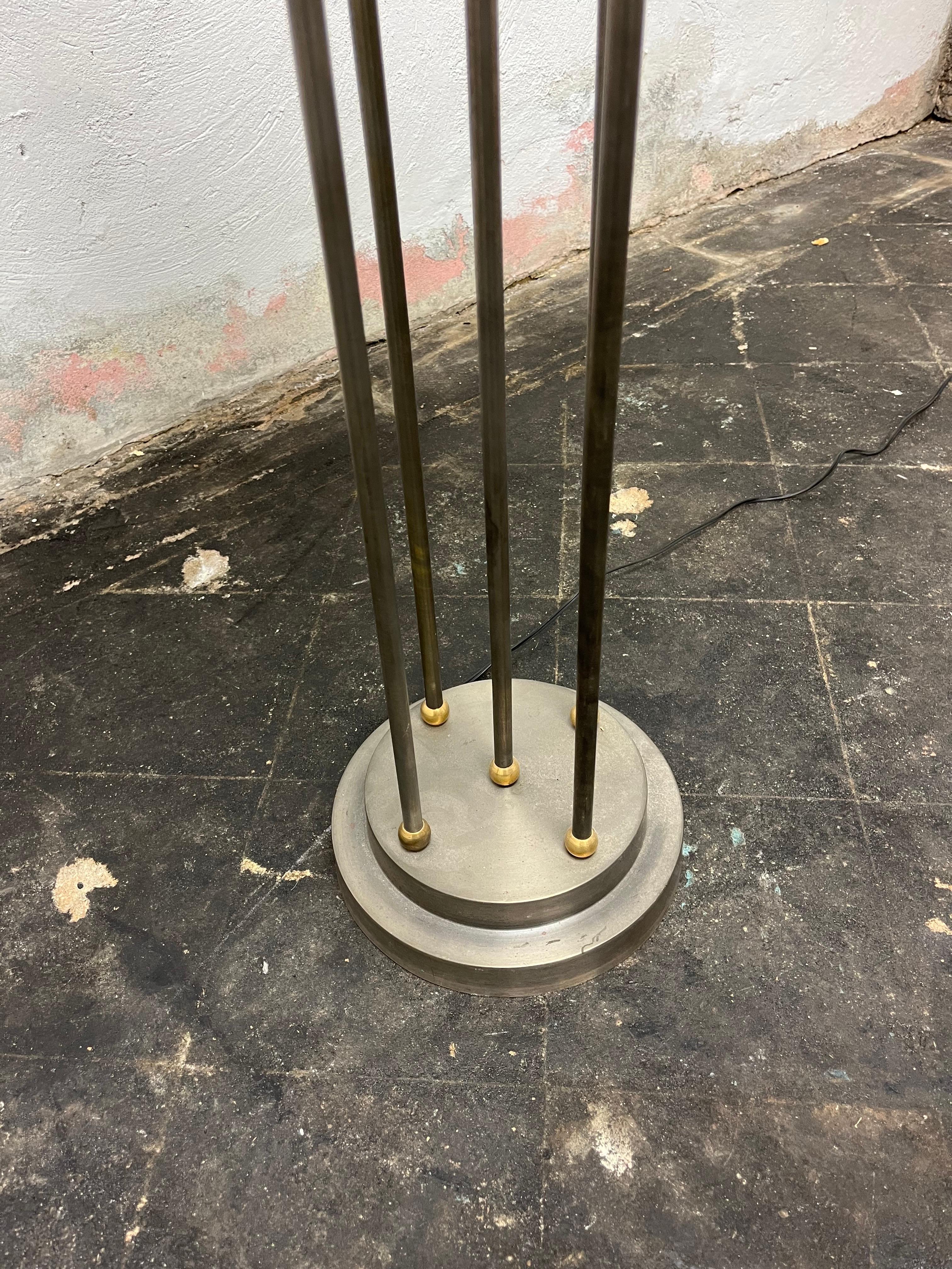 Unknown Vintage Postmodern Brushed Steel and Brass Column Floor Lamp Metal Shade For Sale